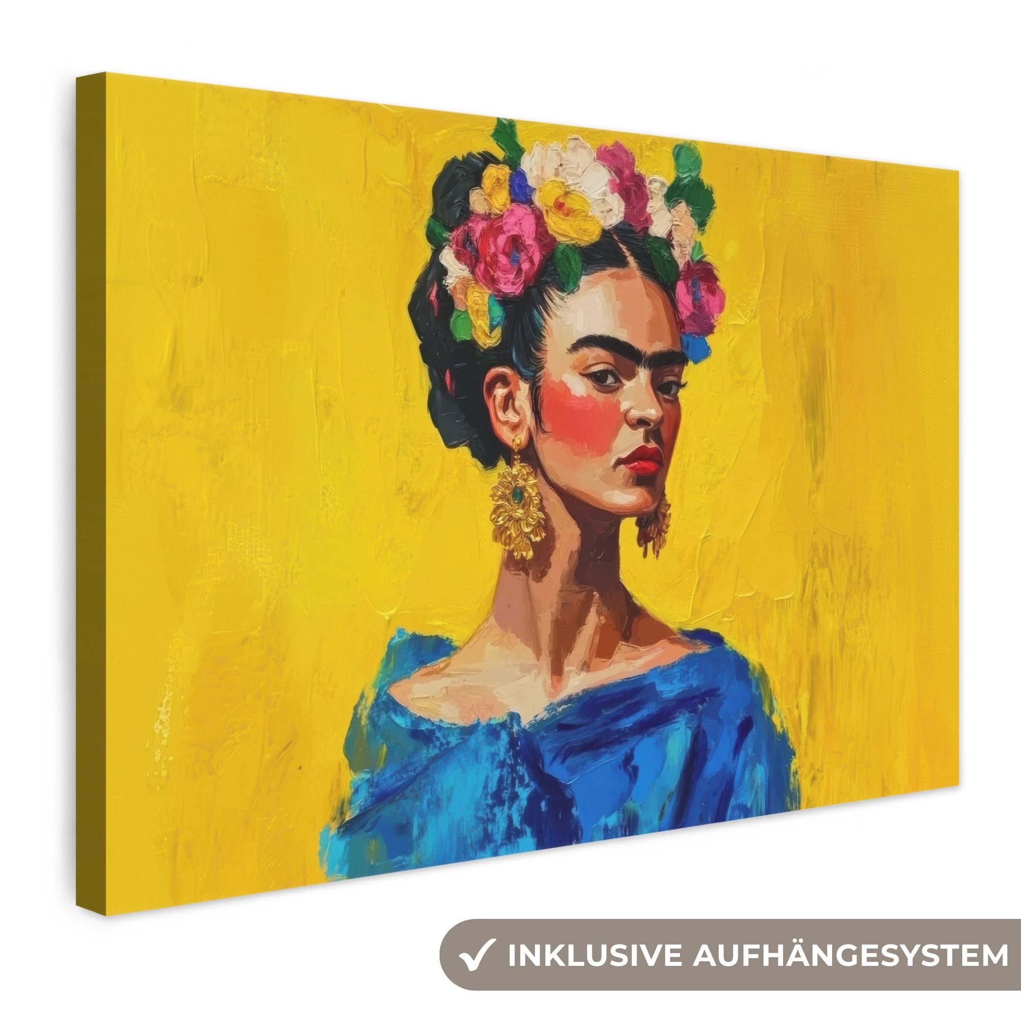 OneMillionCanvasses® Leinwandbild Frida Kahlo - Frau - Gelb - Blau - Blumen, Fotodruck (1 St), Leinwand Bilder Klein, Wand Dekoration Aesthetic 30x20 cm