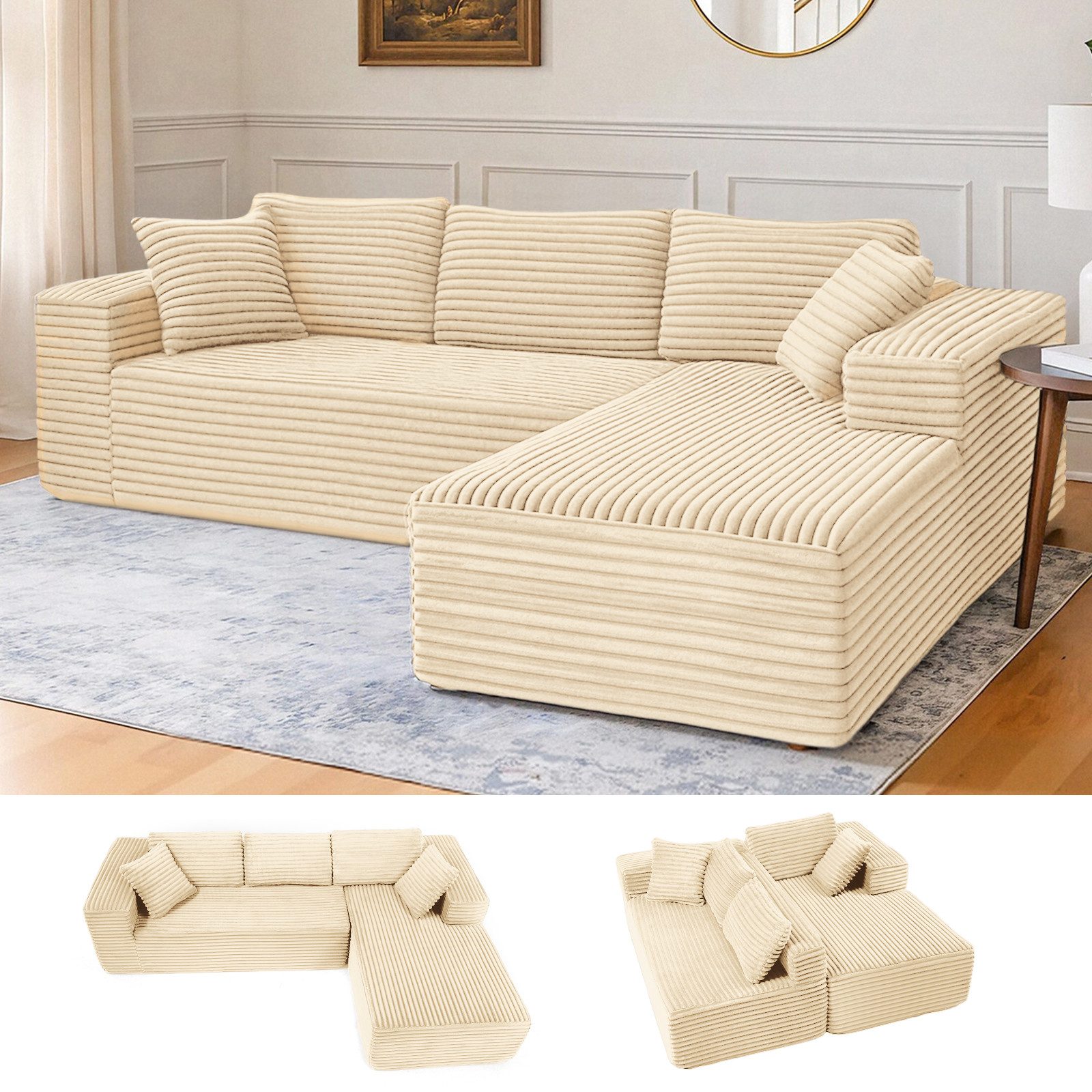 COMHOMA Sofa Big-Sofa, L-förmige Sofa, Couch Ecksofa, Chaiselongue Schlafsofa, mit tiefer Sitzfläche und breiten Armlehnen, Cordstoff