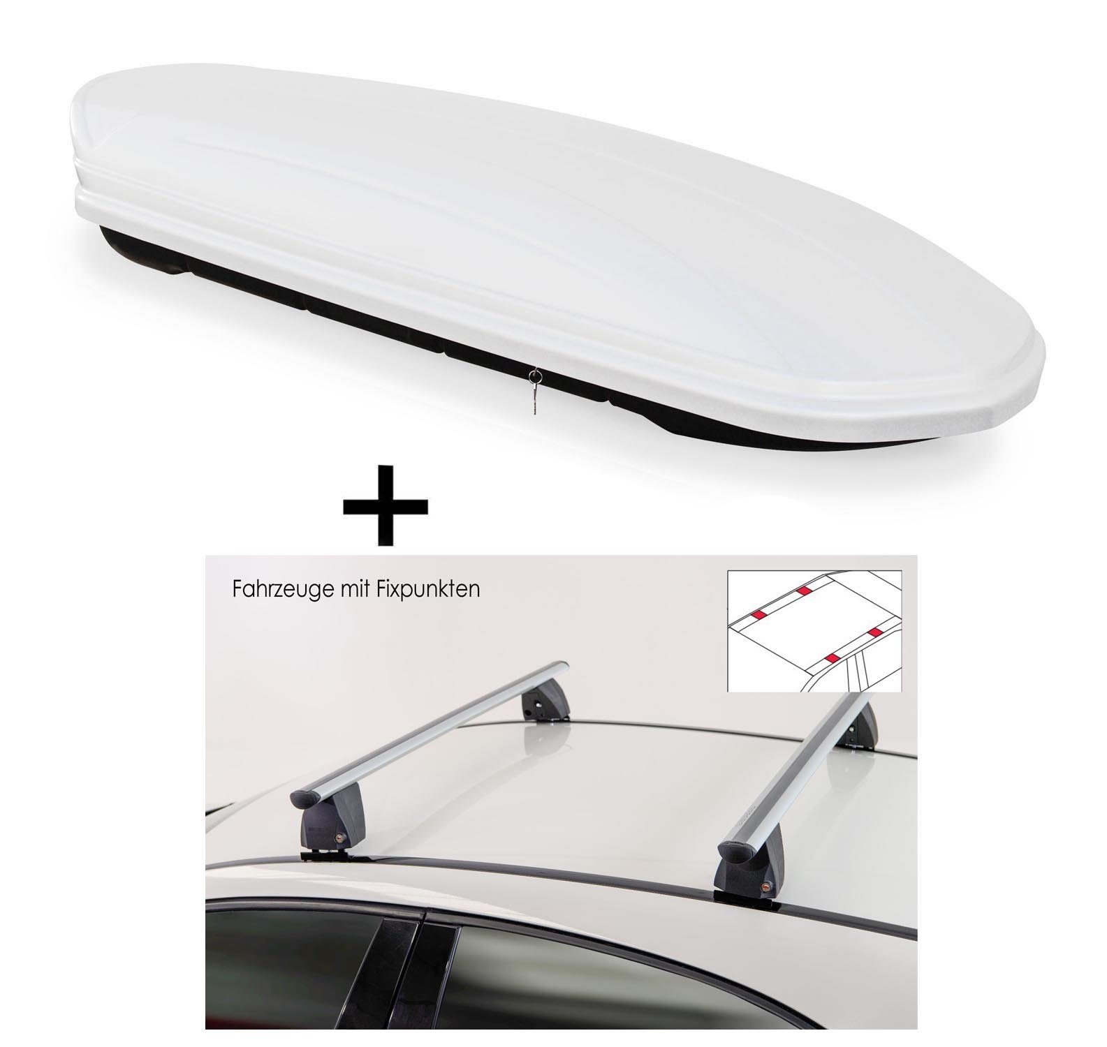 VDP Dachbox, Dachbox VDPMAA460 460 Liter weiß abschließbar + Dachträger VDP Delta kompatibel mit Hyundai i20 (GB) Coupé (3 Türer) 2015-2020
