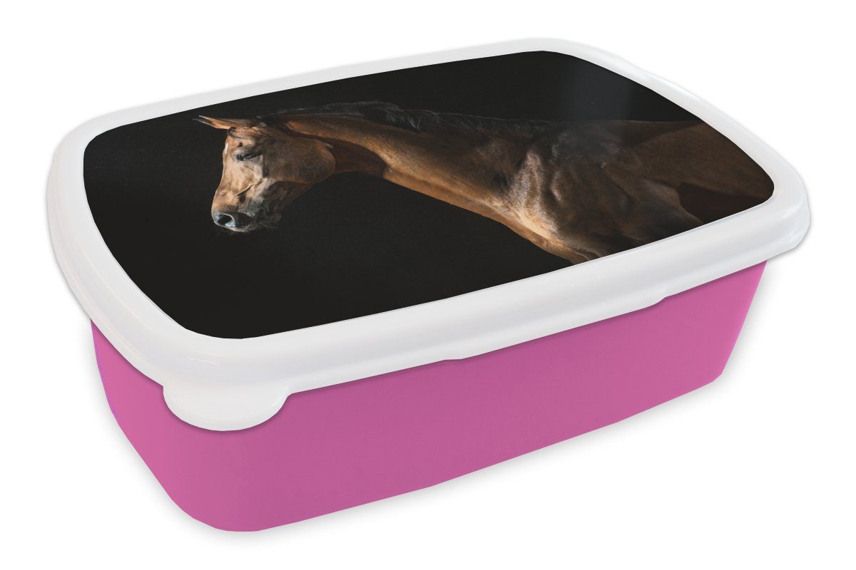 MuchoWow Lunchbox Pferd - Tiere - Nacht - Schwarz, Kunststoff, (2-tlg), Brotbox für Erwachsene, Brotdose Kinder, Snackbox, Mädchen, Kunststoff rosa