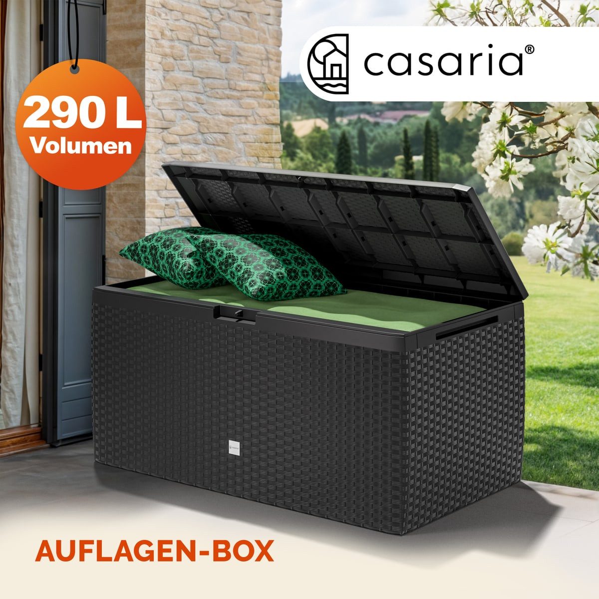 Casaria Auflagenbox Rato Plus, abschließbar Anthrazit 290L Rollen Balkon 114x47cm Korbgeflecht