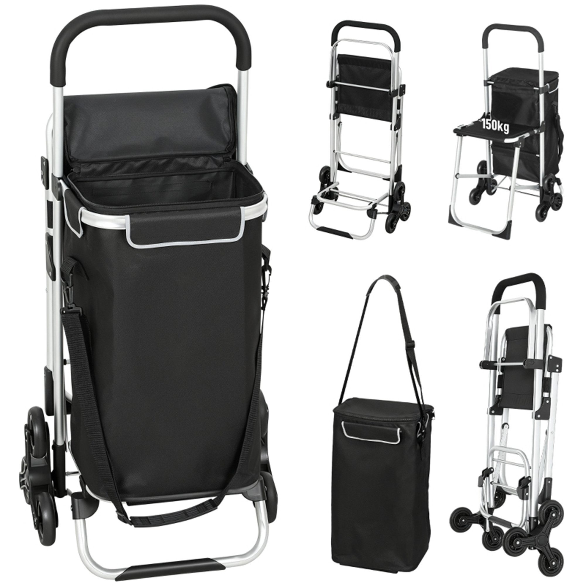 MC Star Einkaufstrolley 40 L Oxford-Tasche, 3-Rad-Design, Aluminiumrahmen, Sitz, Grau