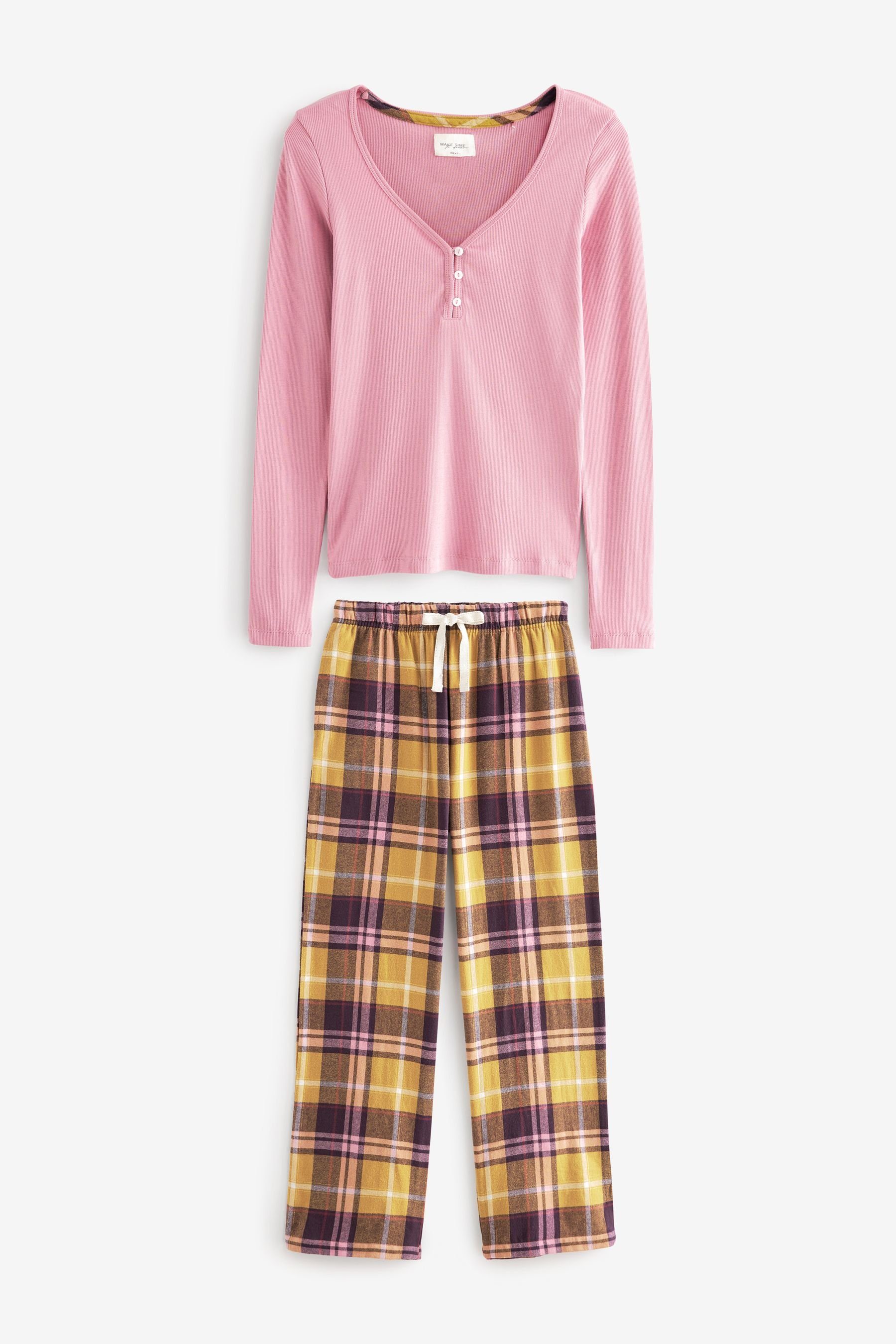 Next Pyjama Schlafanzug mit geripptem Top und Flanellhose (2 tlg) Pink