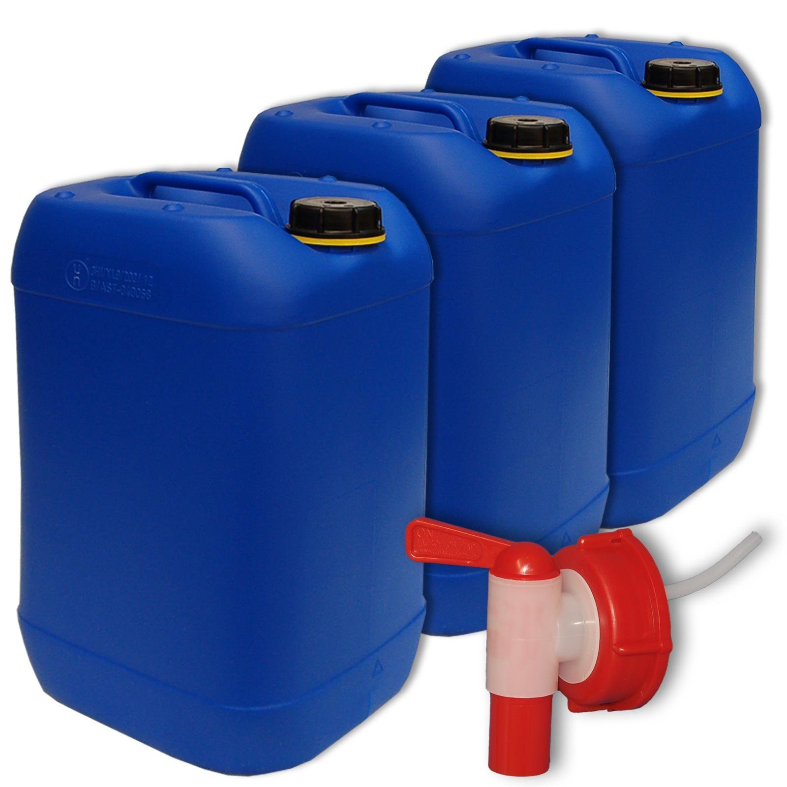 Plasteo Kanister 3X 25 Liter Getränke- Wasserkanister mit 1 Hahn und 3 Schraubdeckel