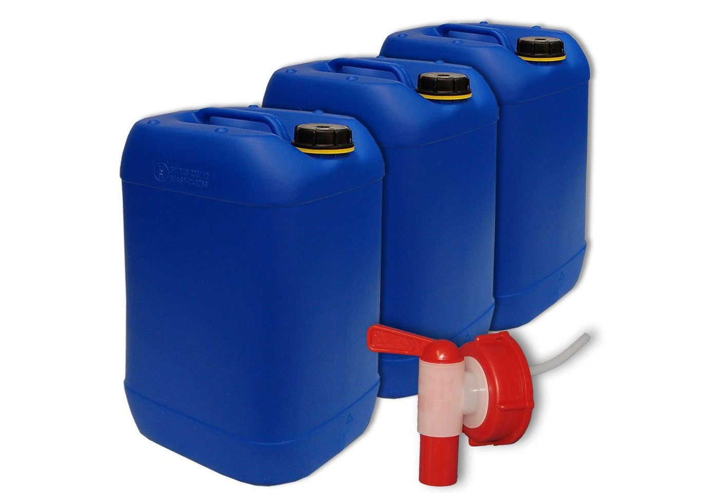 Plasteo Kanister 3X 25 Liter Getränke- Wasserkanister mit 1 Hahn und 3 Schraubdeckel