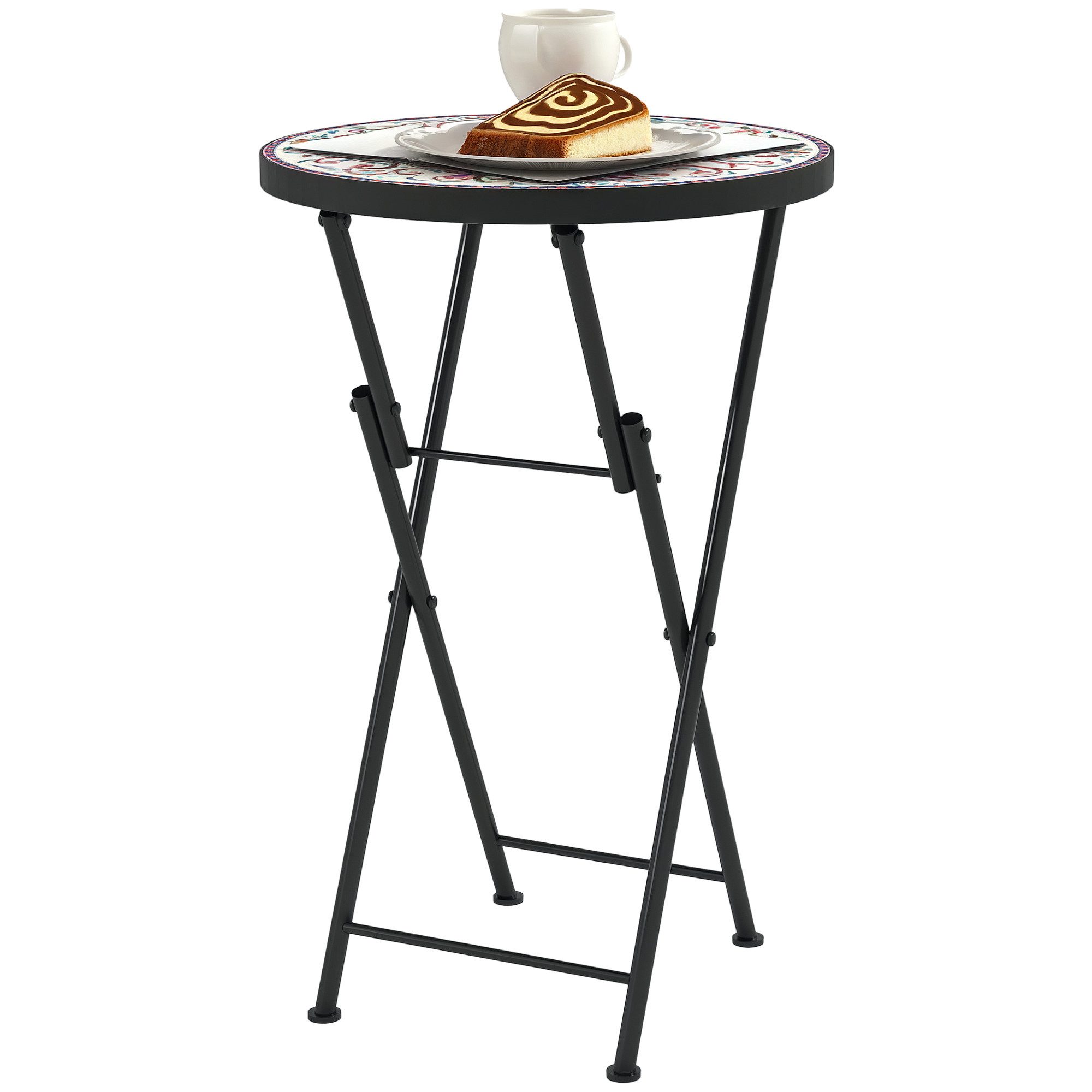 Outsunny Gartentisch mit Mosaik-Design, Ø35,5 x 55 cm, Rund, wetterfest, aus Metall (klappbar Balkontisch, 1-St., Beistelltisch), für Wohnzimmer, Büro, Outdoor, Indoor, Mehrfarbig