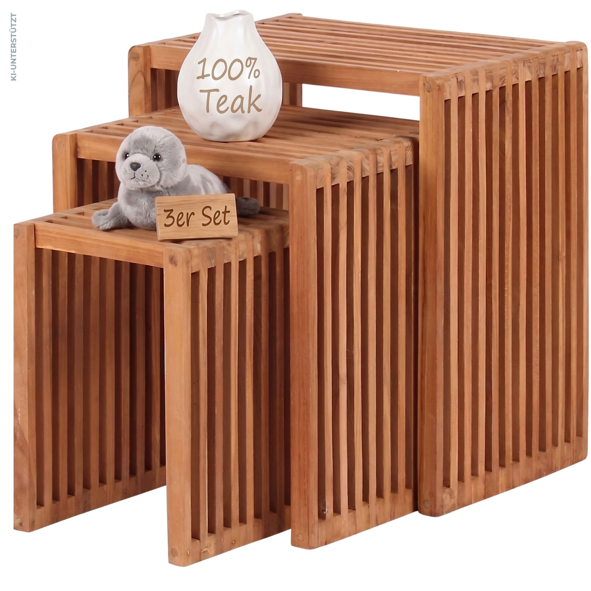 MR.DEKO Beistelltisch Teak 3er Set Holztisch natur 45x32x50cm ineinanderschiebbares Tischset (3-teiliges Beistelltisch Set aus Massivholz, 3-St), Beistelltische naturbelassen, wetterfest & stabil