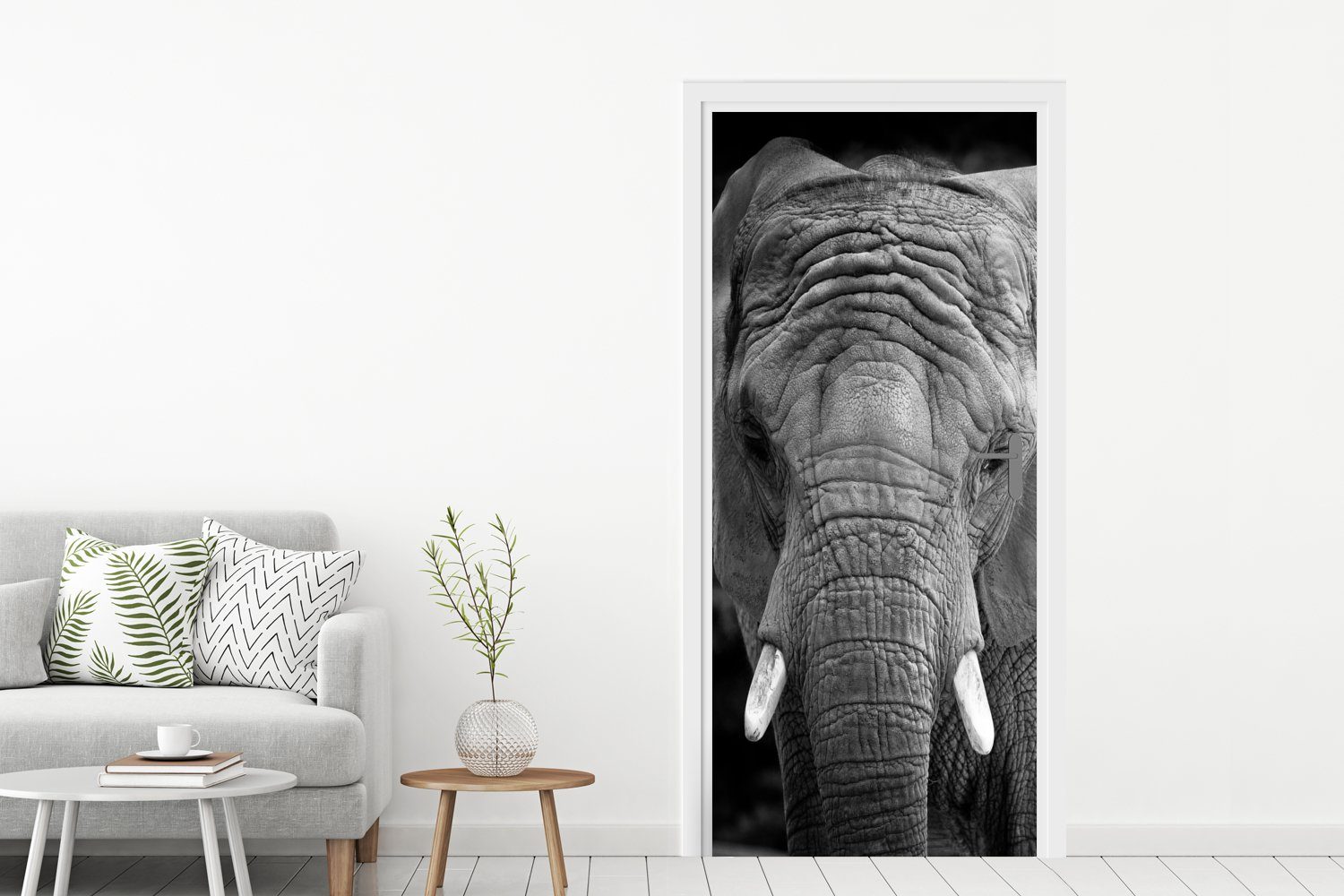 MuchoWow Türtapete Porträt Tür, cm Schwarz bedruckt, 75x205 und Weiß, Elefanten Fototapete Matt, Türaufkleber, für in (1 St), eines