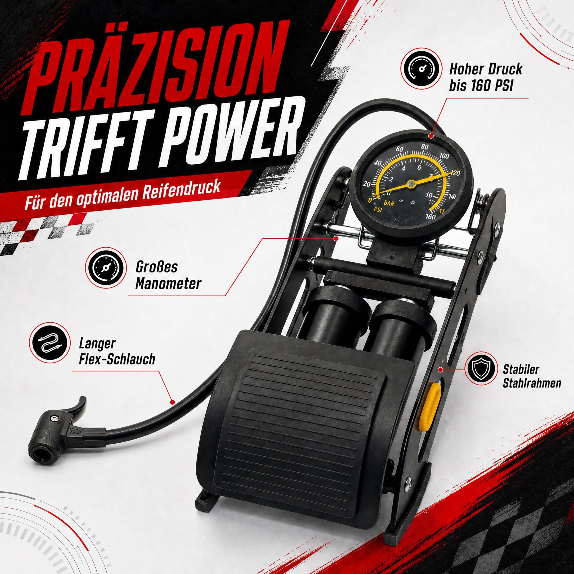 Pitlane Performance Luftpumpe KFZ & Fahrradpumpe alle Ventile Fußpumpe (1-tlg., Tritt Fuß-Pumpe für E-Bike, Auto, Motorrad & Ball, inkl. 3 Adapter), bis 11 Bar  – Bild 4 von 5