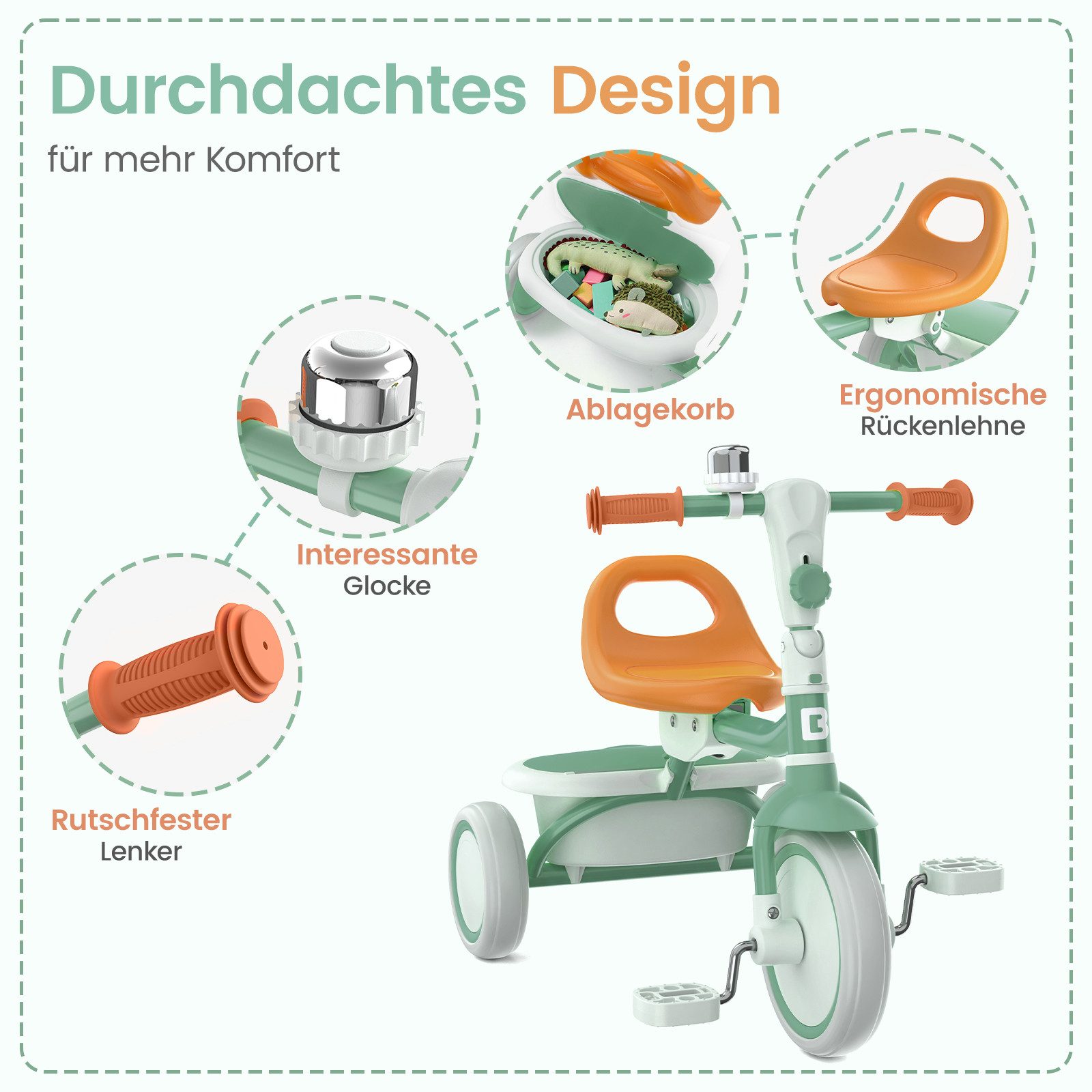 besrey Dreirad Dreirad Kinderdreirad Kinderfahrrad mit Spielkorb, Klingel, Mit Fahrradklingel und Korb, Kippfreies Design,Fahr- und Klappmodus