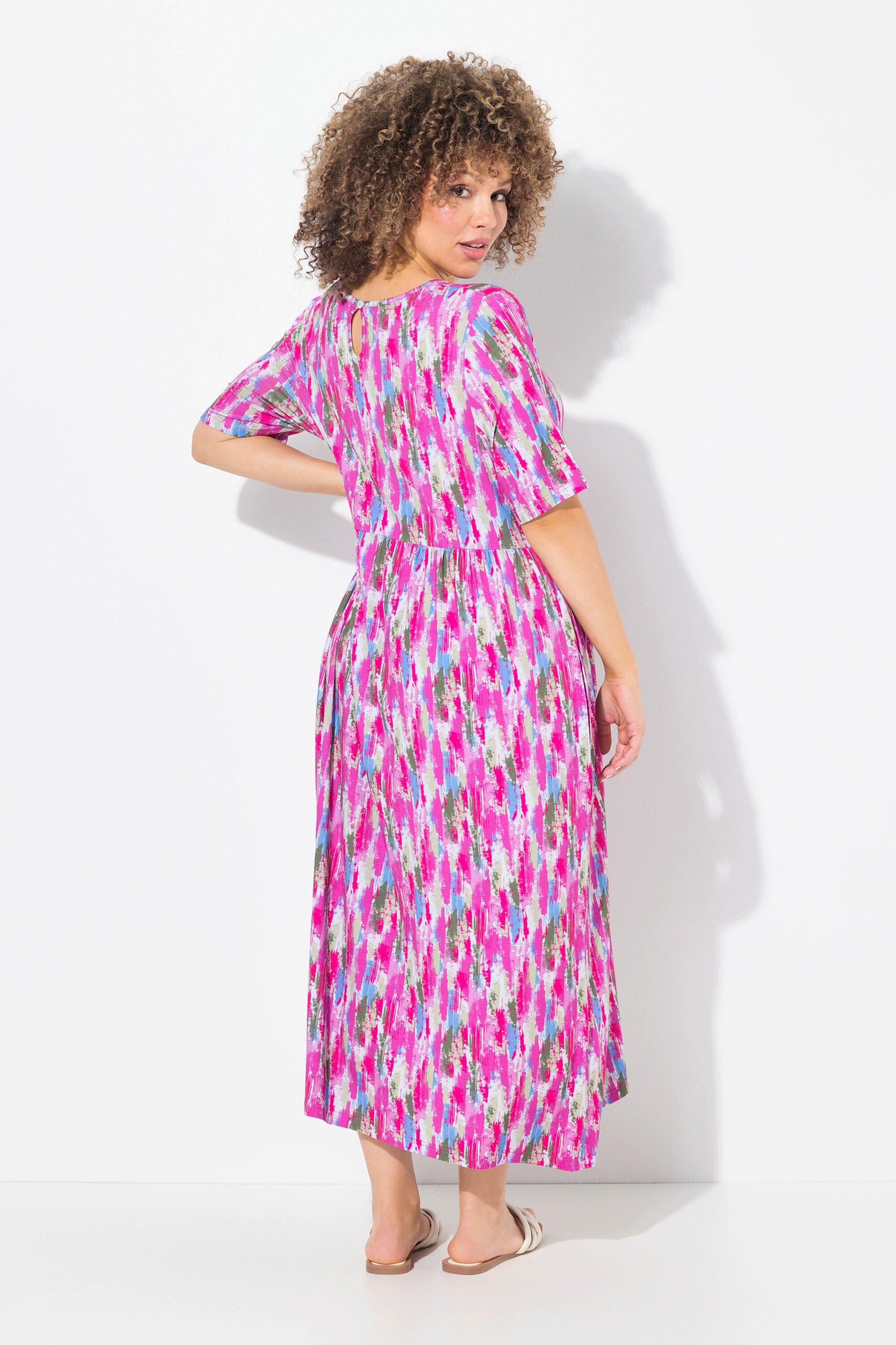 Ulla Popken Jerseykleid Jersey-Midikleid A-Linie V-Ausschnitt Halbarm