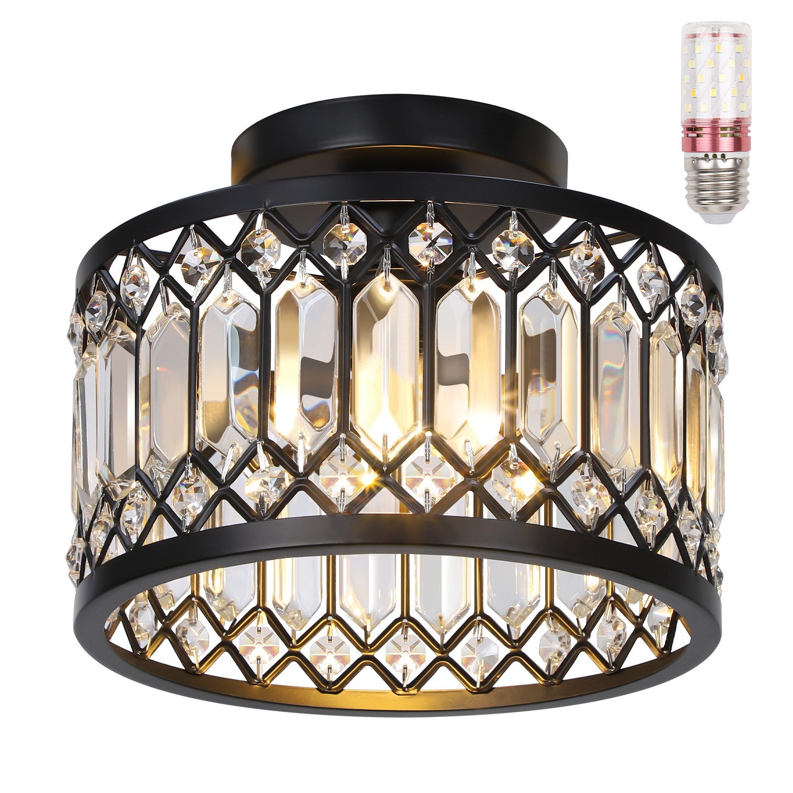 Jibenhome LED Pendelleuchte Schwarz Deckenleuchte mit Kristallschirm,Moderne Deckenlampe , LED wechselbar, E26/E27,3 Farbtemperaturen, fürWohnzimmer,Küche,Flur,Büro