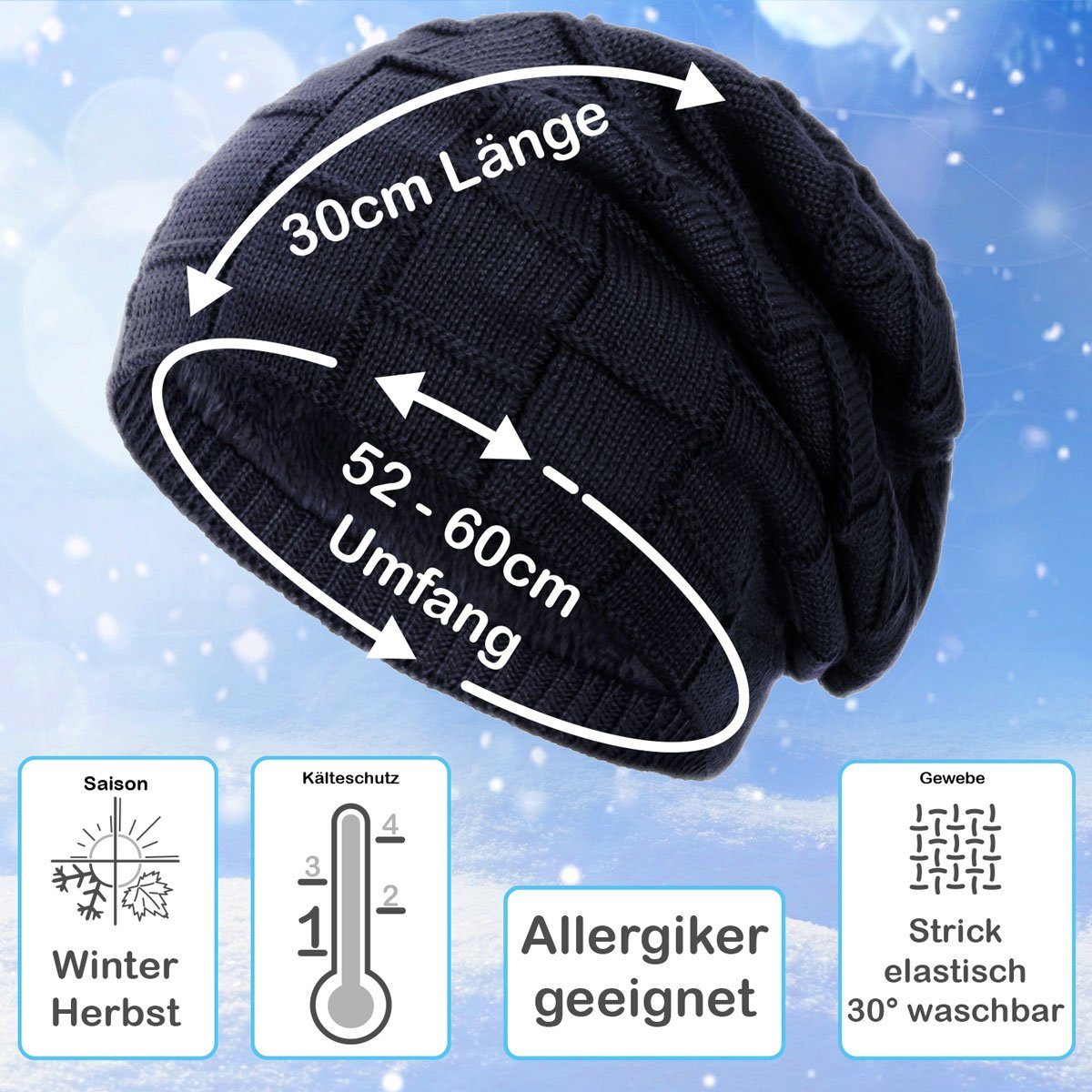 (1-St) Winter Herren marineblau Haube compagno Herbst Mütze Strickmütze Gefütterte Wintermütze Damen Beanie