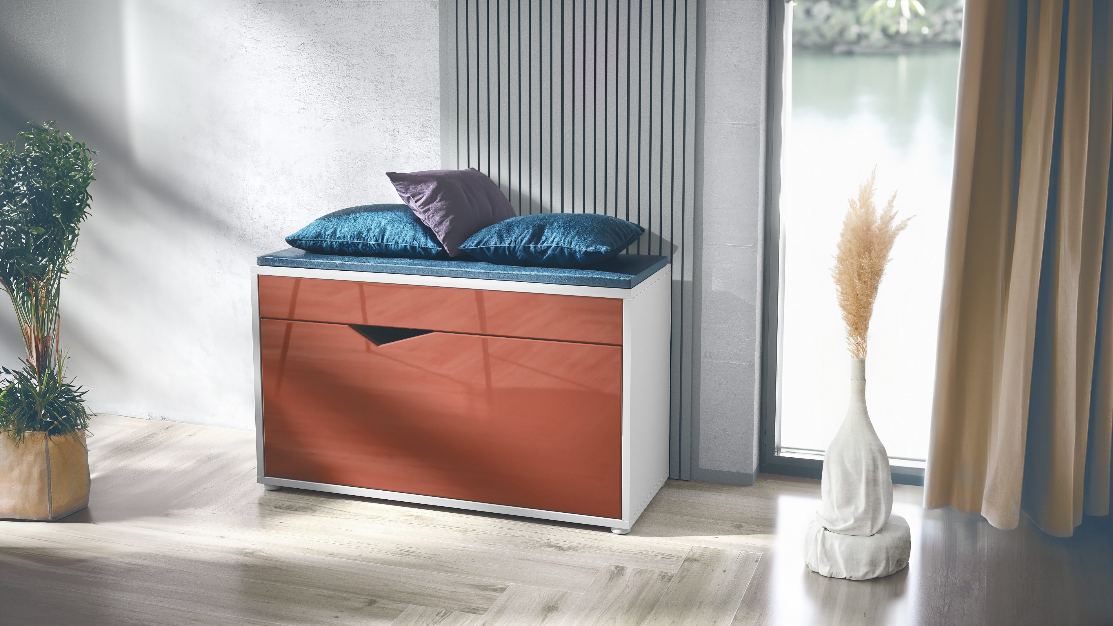 Vladon Schuhschrank Kolmio (Sitzbank, für 8 Paar Schuhe mit Sitzfläche) Weiß matt/Bordeaux Hochglanz (85 x 50 x 33 cm)
