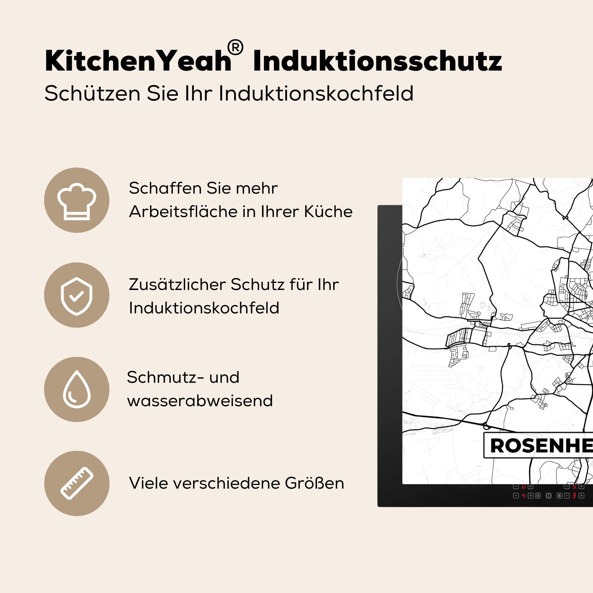 78x78 (1 Arbeitsplatte tlg), cm, MuchoWow Ceranfeldabdeckung, Stadtplan, Vinyl, - küche Karte für Rosenheim Herdblende-/Abdeckplatte -