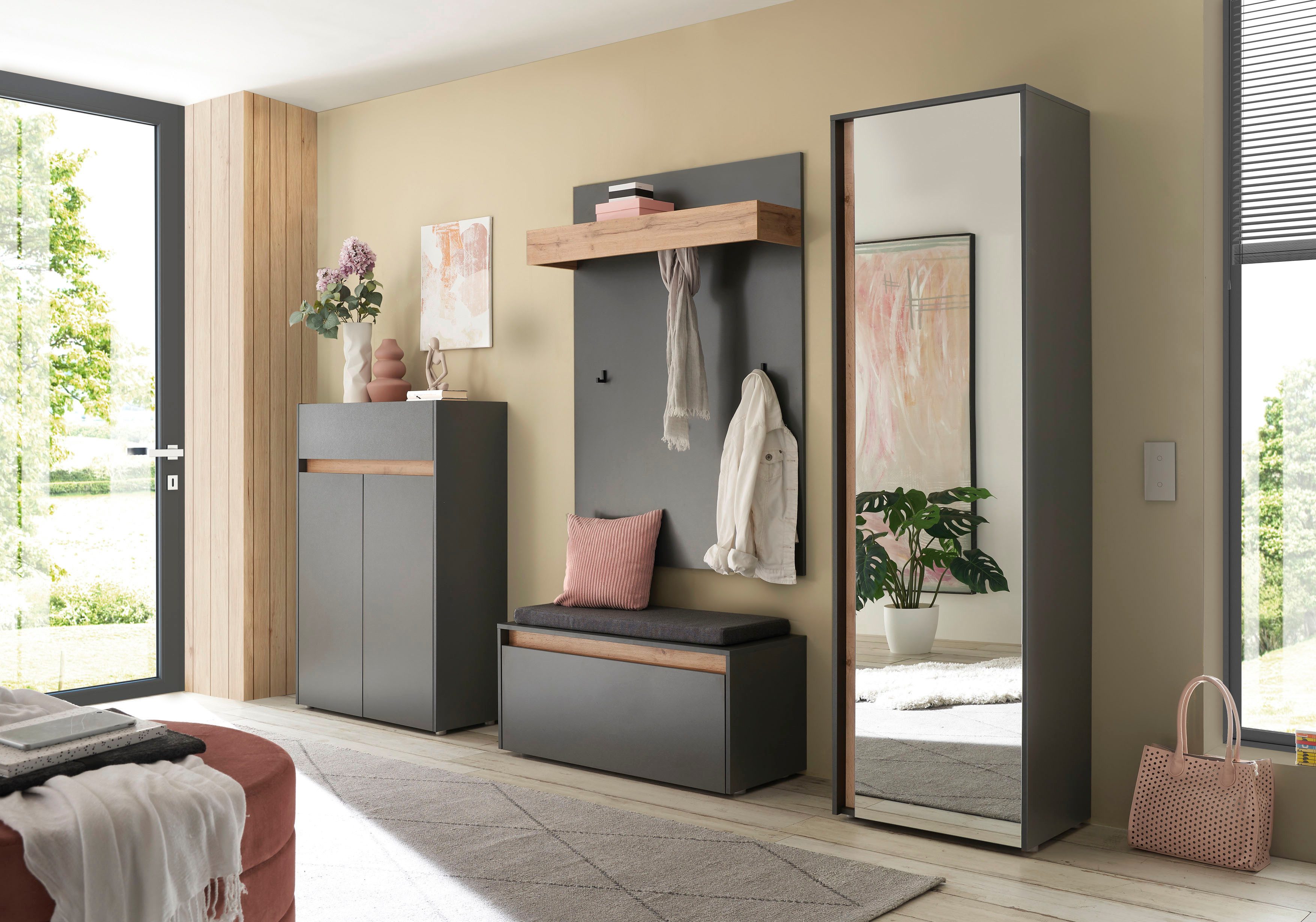 Home affaire Garderoben-Set City/Giron, moderne Garderobe, viel Stauraum, ca. 24 Schuhe, (Set, 4-St), enthält Schrank, Paneel, Schuhschrank & Garderobenbank mit Sitzkissen