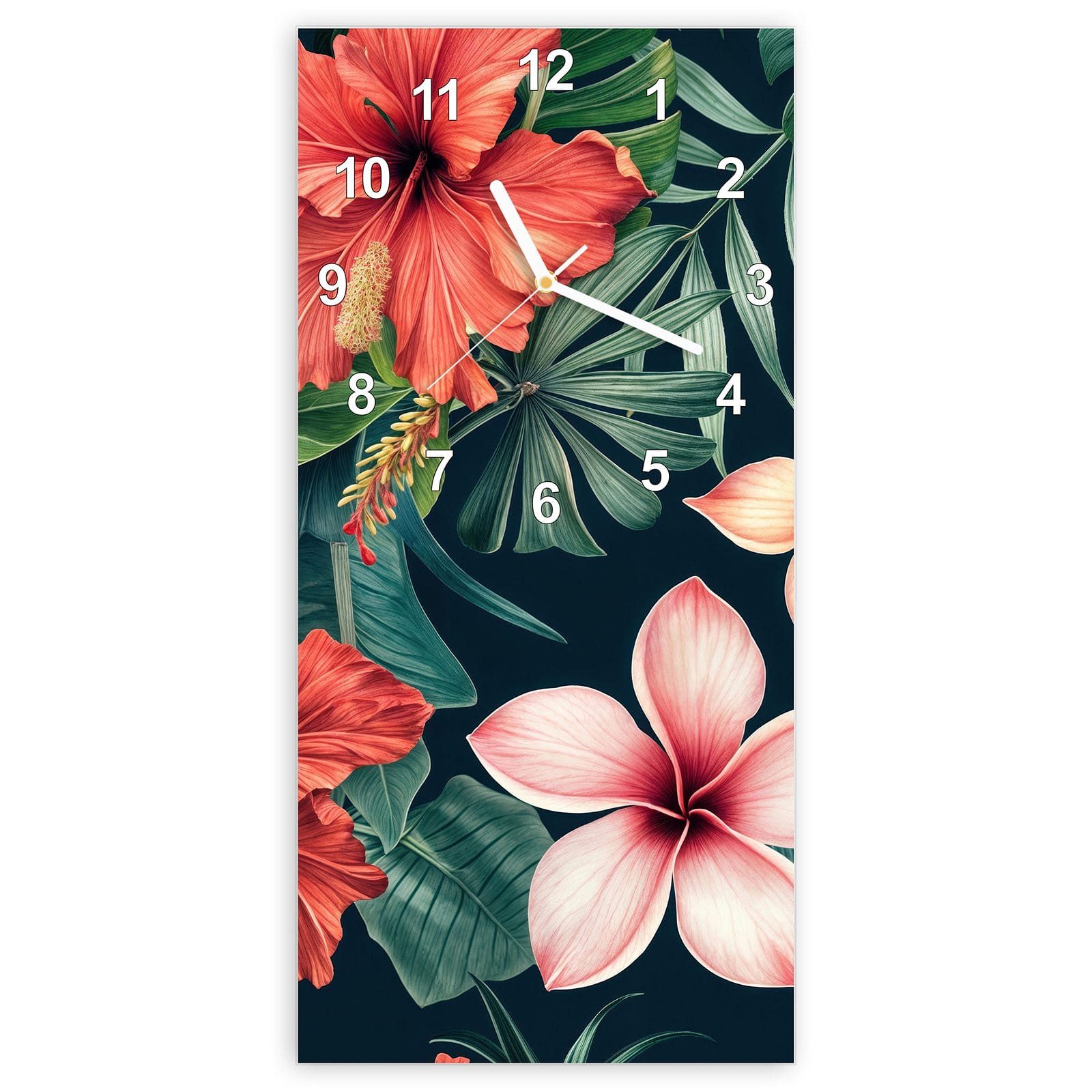 Wanduhr Glasuhr Wandkunst Größe 30 x 60 cm mit Motiv Tropenblumen