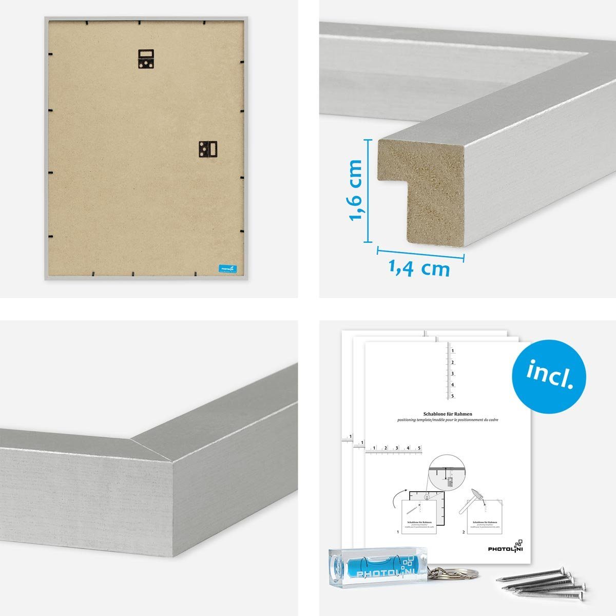 40x50 bis Modern Schmal PHOTOLINI Bilderrahmen Silber 8er 13x18 cm Set