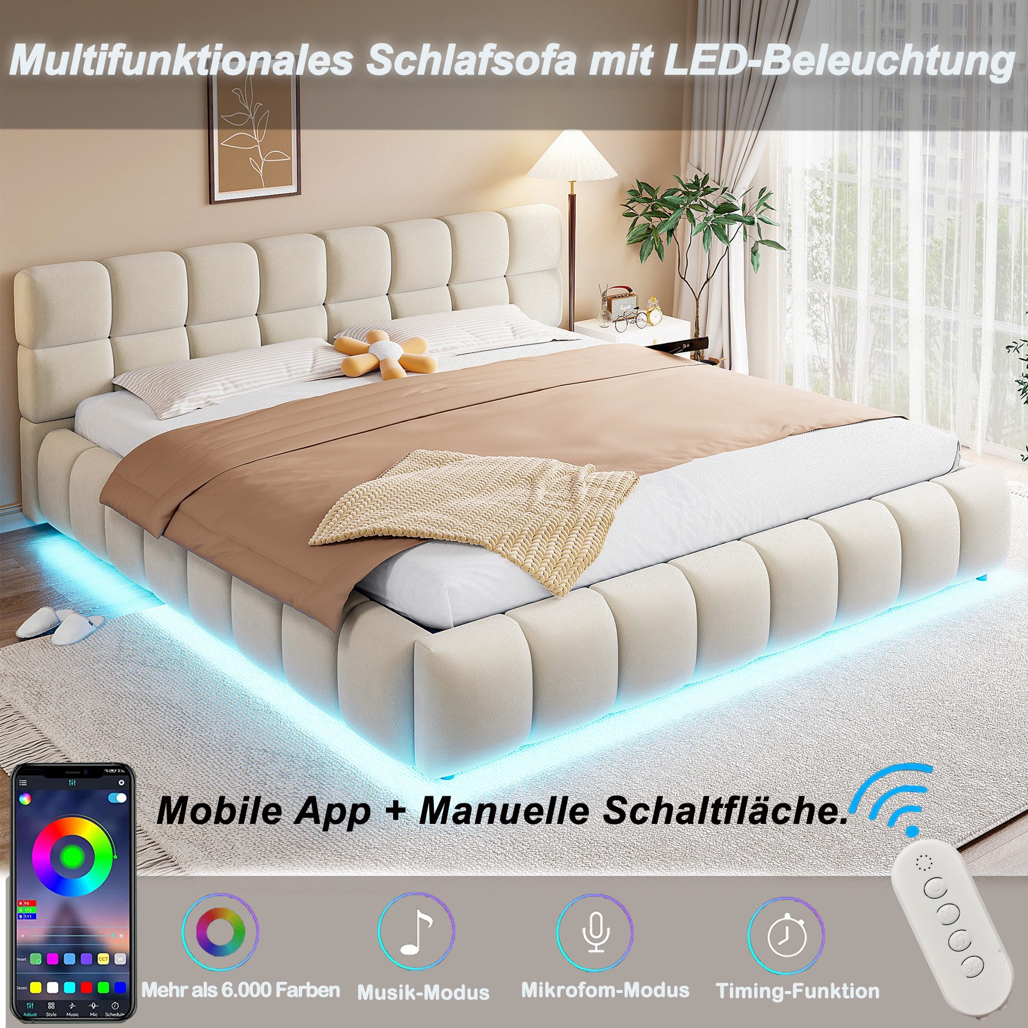 Merax Polsterbett mit LED-Licht & hydraulischem Stauraum (1-tlg), Doppelbett 180×200cm mit voluminösem Kopfteil, Mehrzweckbett, Samt – Bild 4 von 5