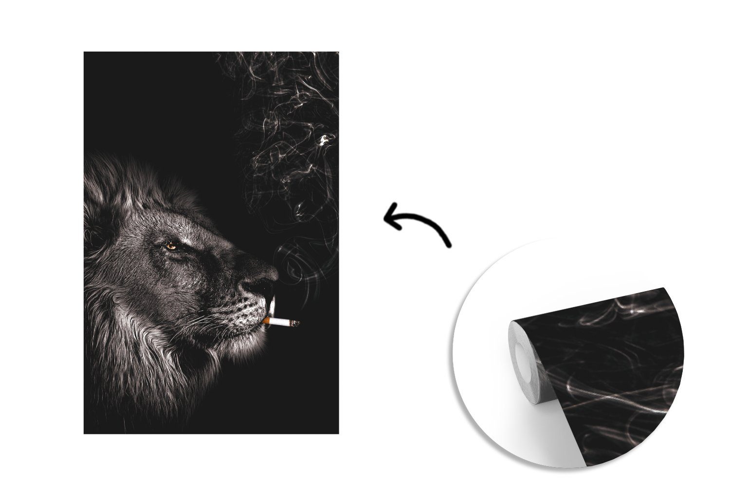für Löwe Zigarette Montagefertig Schwarz Vinyl Weiß, Tapete (3 - Fototapete Wandtapete - Matt, St), MuchoWow Wohnzimmer, - bedruckt,
