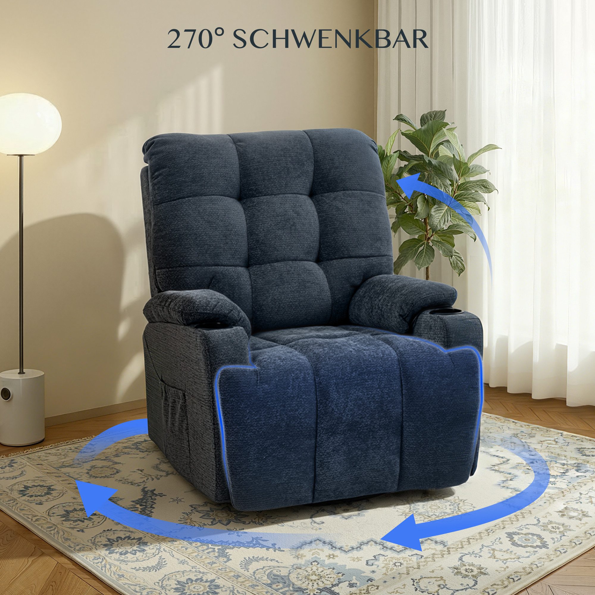 FLEXISPOT Relaxsessel Elektrischer Schaukelsessel, Massagesessel, Fernsehsessel,360°drehbar (mit Heiz- und Liegefunktion, 8-Punkt-Massage, USB-/Type-C-Ansclhluss, 2 Seitentaschen, 2 integrierte Getränkehalter, 105°-165° verstellbar), belastbar bis 200 kg, XR7 CURVE