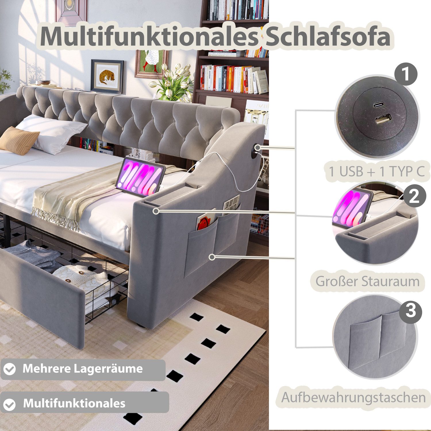 Odikalo Schlafsofa Schlafcouch 90x190 mit Lattenrost & USB Ohne Matratze, Polsterbett Schlafsofa, 90/180*190 cm, Breitere und Dickere Armlehnen mit USB-Ladeansc – Bild 4 von 5