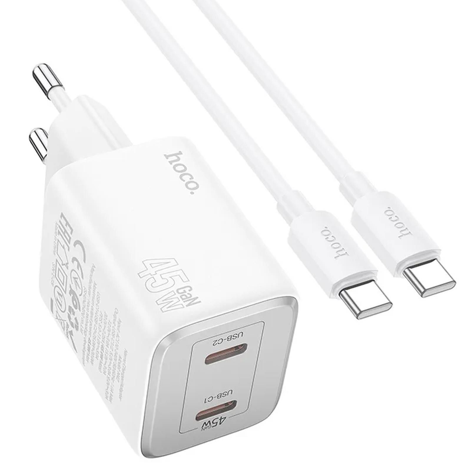 hoco. 45W USB Typ C Smartphone-Ladegerät (3000 mA, EU Netz Lade Stecker Ladegerätr USB inkl. USB Typ C auf USB C Kabel)
