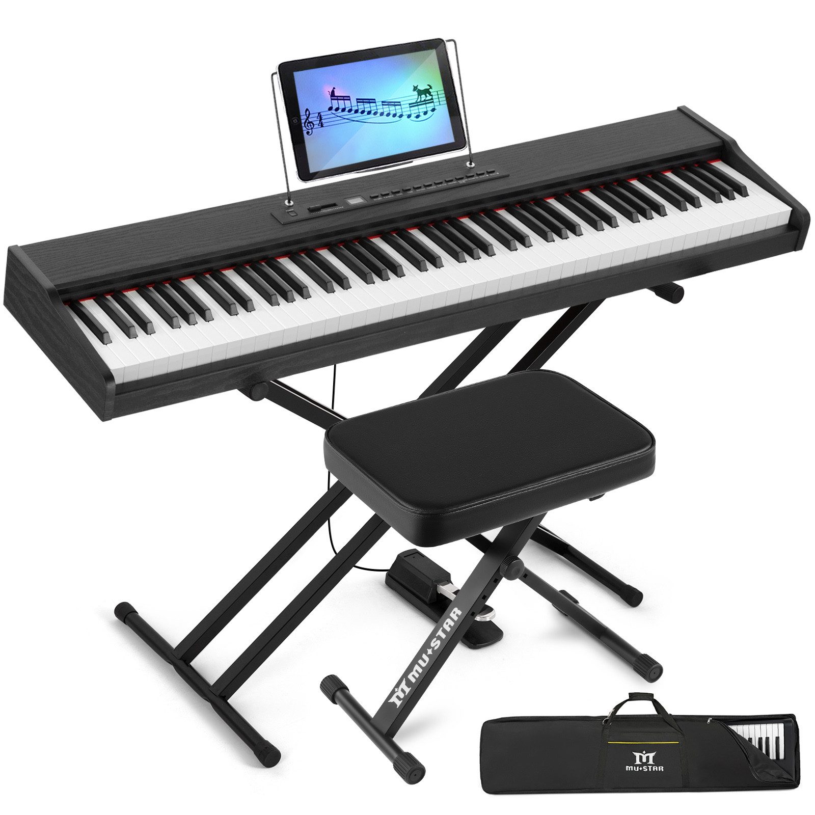 MUSTAR Digitalpiano 88 Tasten mit halbgewichteten Tasten und Bluetooth (mit Pianobank), Portables E-Piano Set mit Sustain Pedal, Ständer und Tragetasche