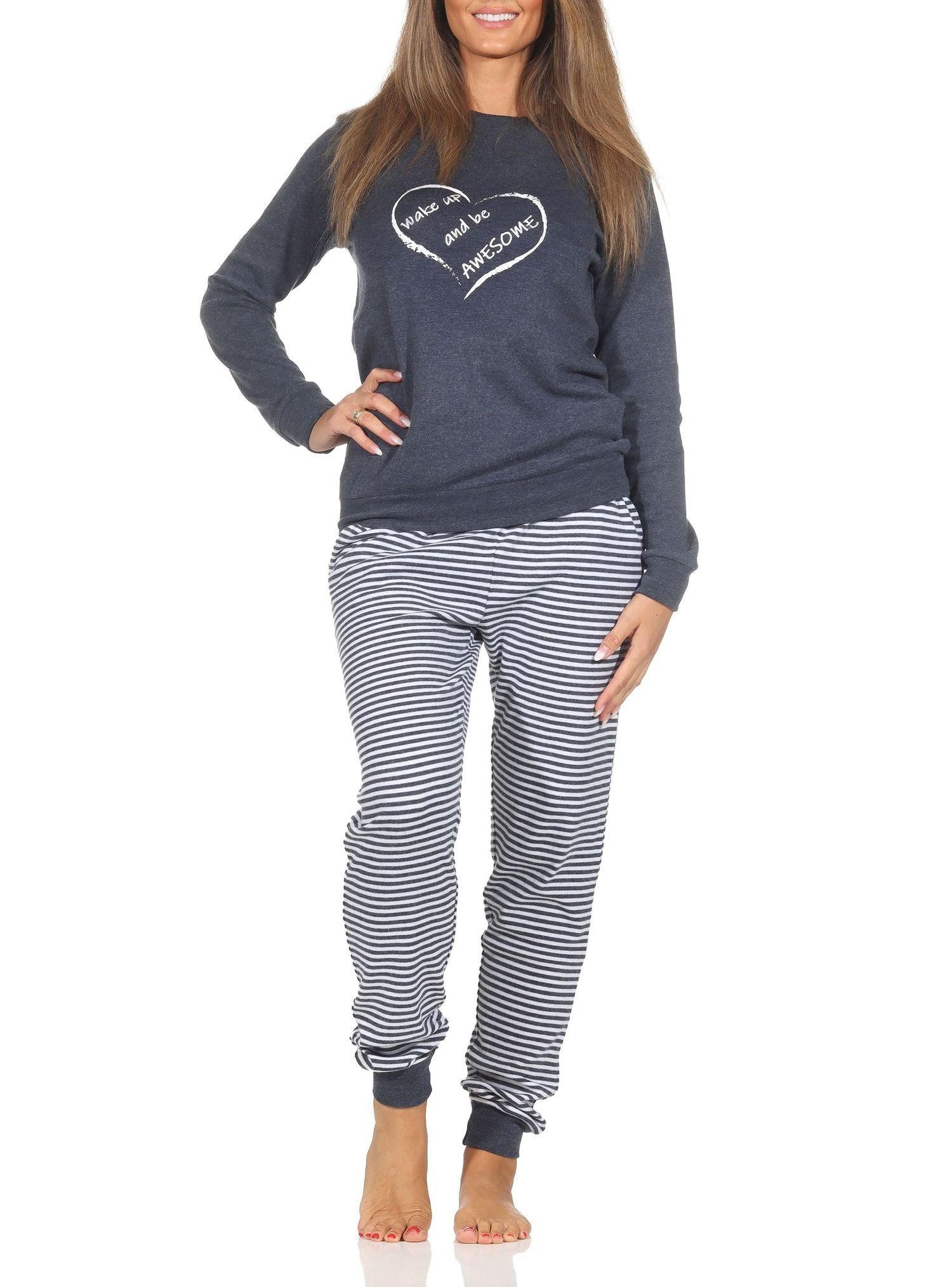 Pyjama Kuscheliger Damen Schlafanzug lang mit Bündchen und Herz Motiv