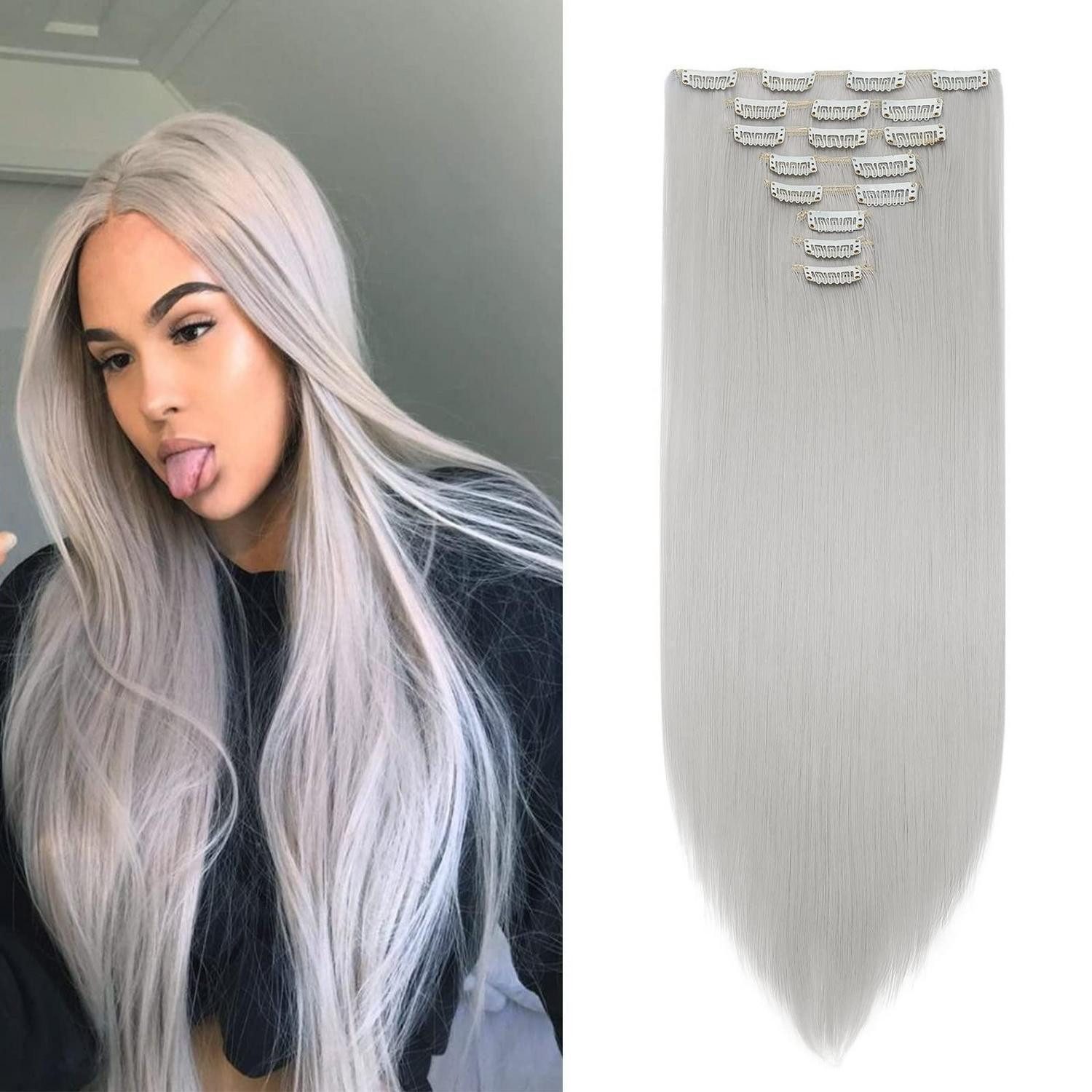 LuxusKollektion Kunsthaar-Extension Clip in Extensions Haarteil Haarverlängerung 70 cm Hellgrau