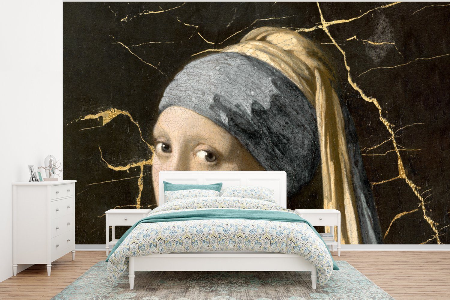 MuchoWow Fototapete Mädchen mit einem Perlenohrring - Gold - Marmor, Matt, bedruckt, (6 St), Wallpaper für Wohnzimmer, Schlafzimmer, Kinderzimmer, Vinyl Tapete