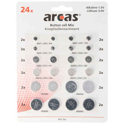 Arcas »24 Alkaline und Lithium Knopfzellen Batterien sort« Batterie, (3 V), Wartungsfrei