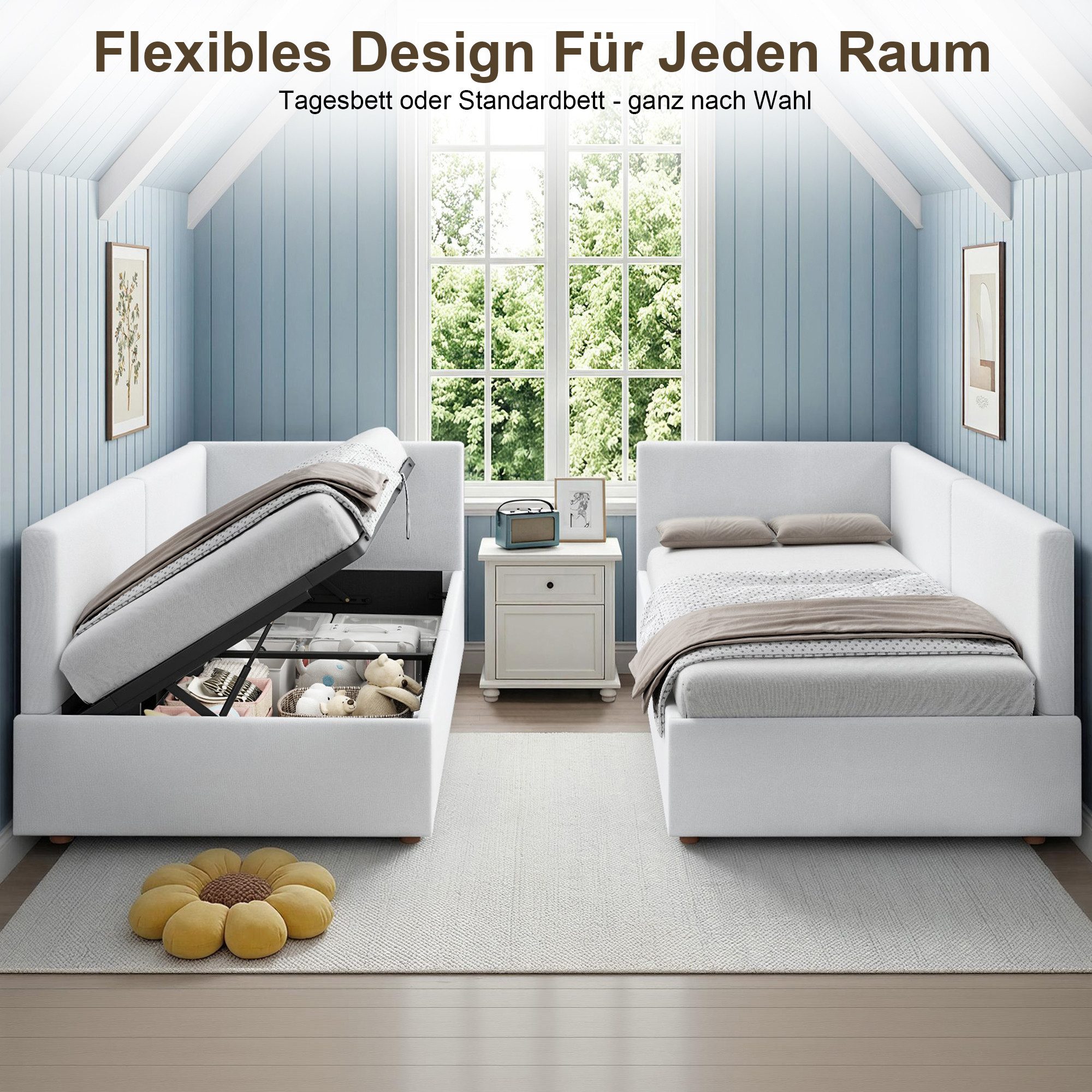 AMERLIFE Daybett mit 2-in-1 Funktion, Gasfeder-Bettkasten & Samtbezug in Cremeweiß (1 tlg), Praktisches 2-in-1 Design