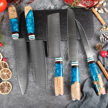 KingLux Messer-Set 5tlg.Damast Küchenmesser Chef Santoku Brot Ausbeinmesser (5-tlg)