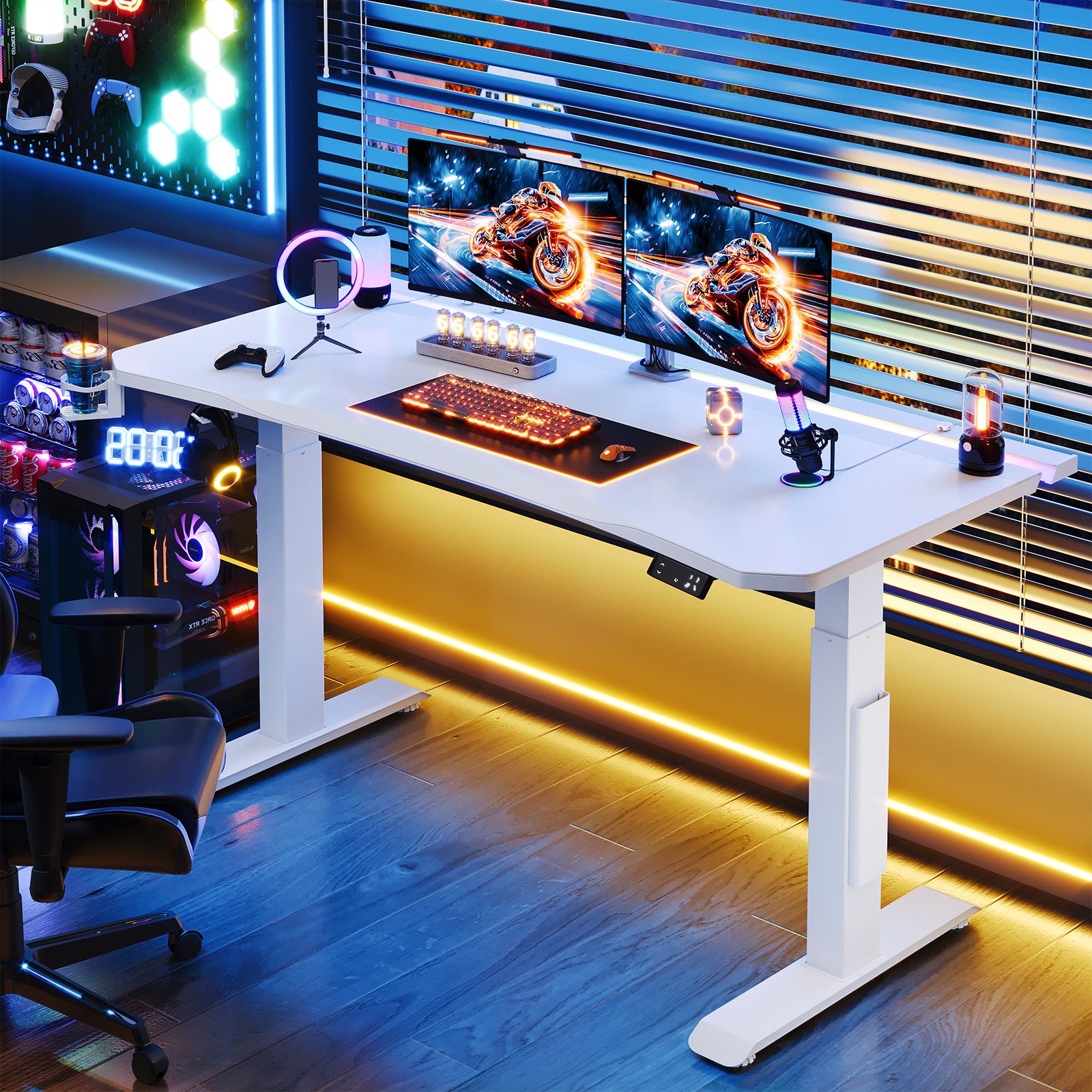HOMALL Gamingtisch Höhenverstellbarer Schreibtisch, Gaming-Tisch mit RGB-LED-Beleuchtung (Maße: 160 × 70 cm, höhenverstellbarer Schreibtisch mit zwei Motoren, 4 voreingestellte Höhenstufen, 20 mm dicke Tischplatte in Kunstlederoptik, ausgestattet mit Kabelführung, Kopfhörerhalter und Getränkehalter, maximale Belastbarkeit 120 kg)