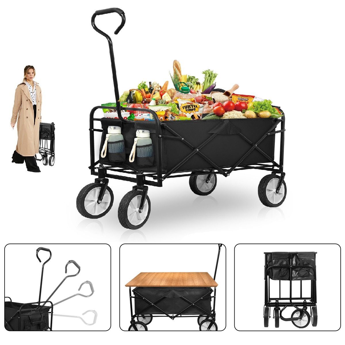 Welikera Handwagen Trolley Faltbarer Camping Handwagen Bollerwagen – Doppelseitig öffnend, (Winkelverstellbare Deichsel, Netztasche), 8'' Räder,100 kg Tragkraft,Leicht,Platzsparend