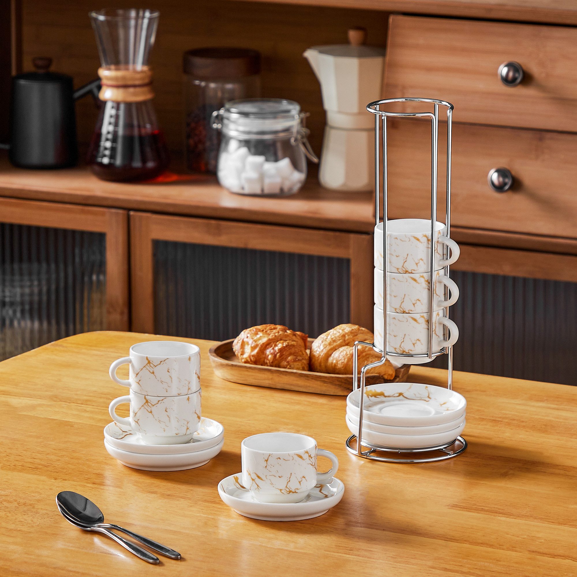 MALACASA Kaffeeservice Porzellan Espressotasse, Metallständer, Weiß/Schwarz/Marmor (6-tlg), 6 Personen, Porzellan – Bild 2 von 5