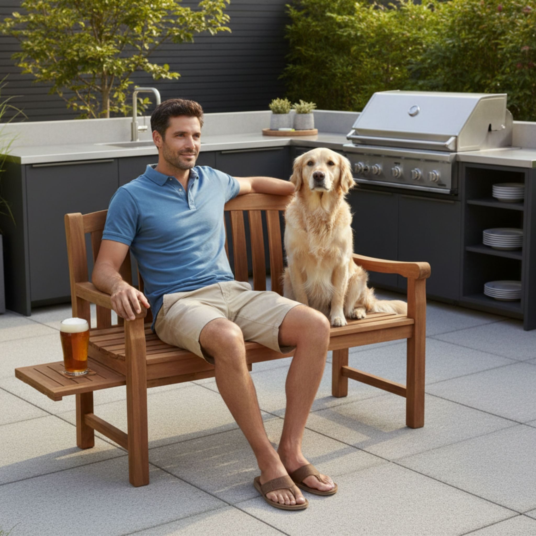 MR.DEKO Gartenbank Lancaster Teak Holz Bank 120cm mit Seitentisch (Auszug), wetterfest (Gartenbank mit integriertem Tisch, 1-St., 1 Gartenbank mit einseitig ausziehbarem Seitentisch), Ergonomische Teakbank mit integriertem Seitentisch