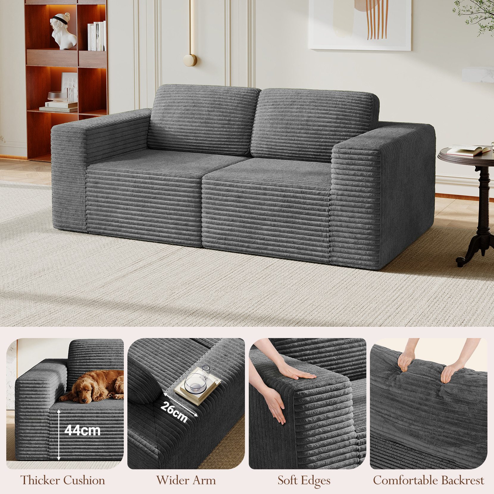 OUNUO Ecksofa Ecksofa Modularer KordKordstuhl mit Hochelastischem Schwamm – Bild 5 von 5