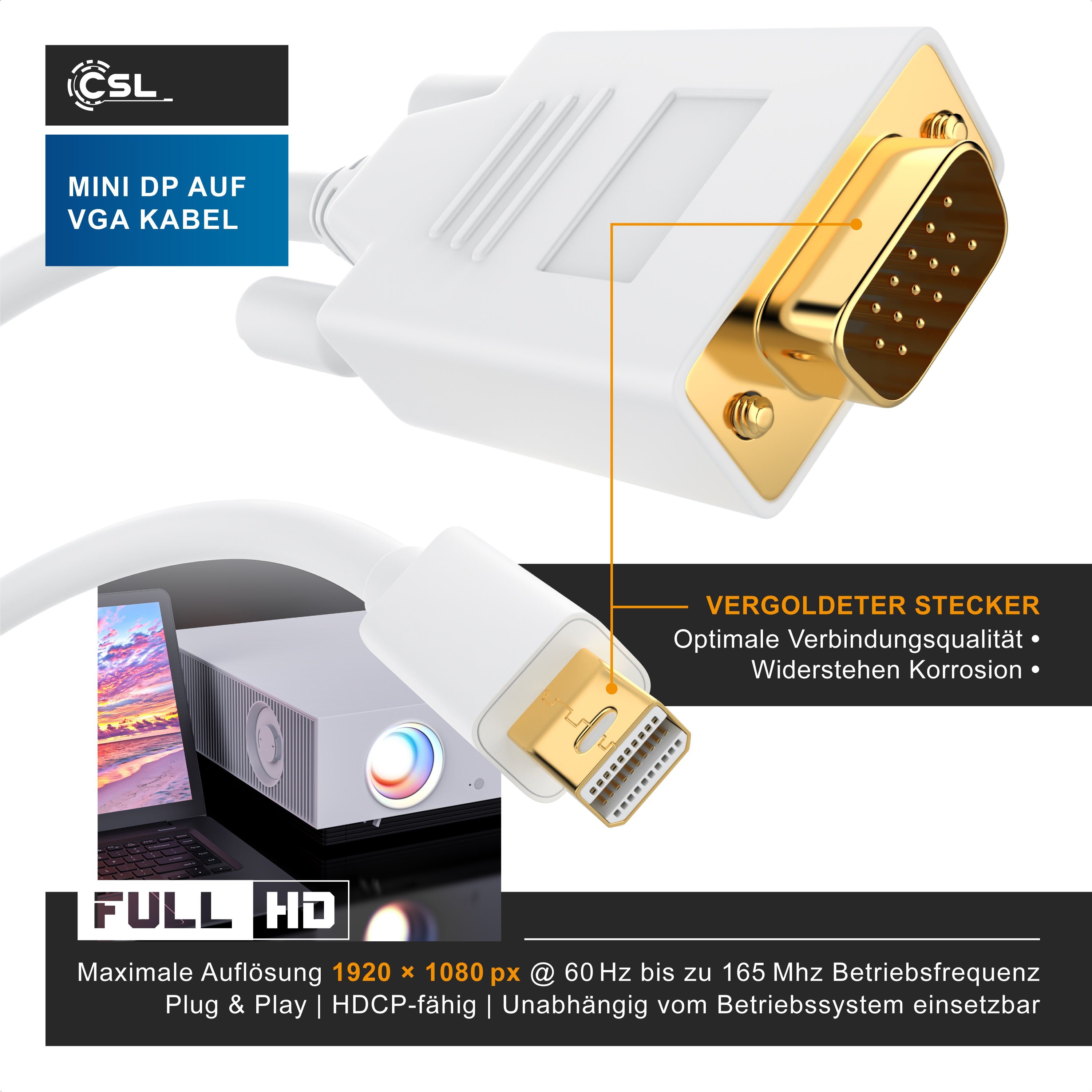 CSL Audio- & Video-Kabel, Mini Displayport, VGA, (500 cm), miniDP Monitor Adapter Kabel / Thunderbolt 1 & 2 kompatibel - 5m