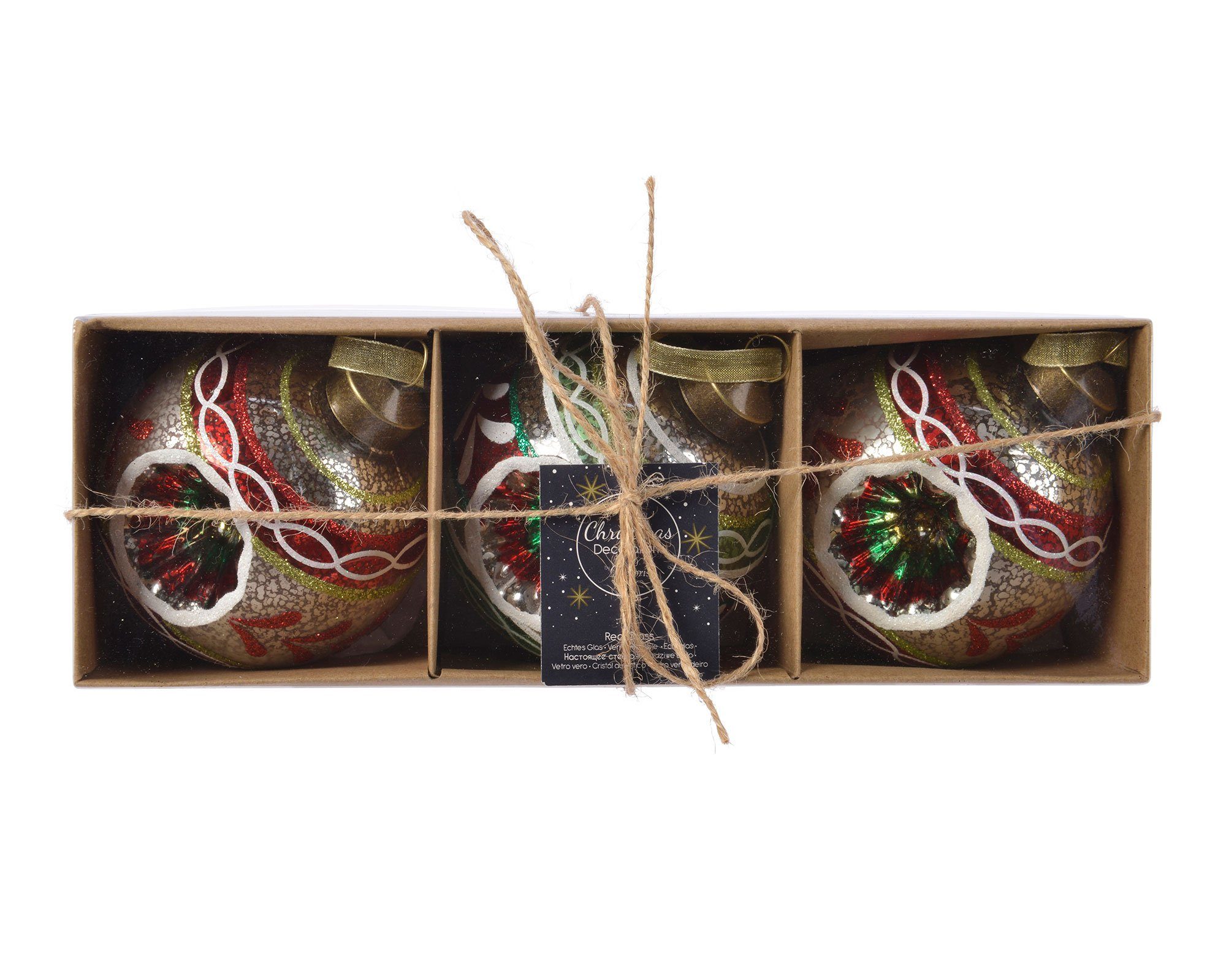 Decoris season decorations mit Christbaumschmuck, grün, rot Ornamenten / Glas 3er Set Nostalgie Weihnachtskugeln 8cm