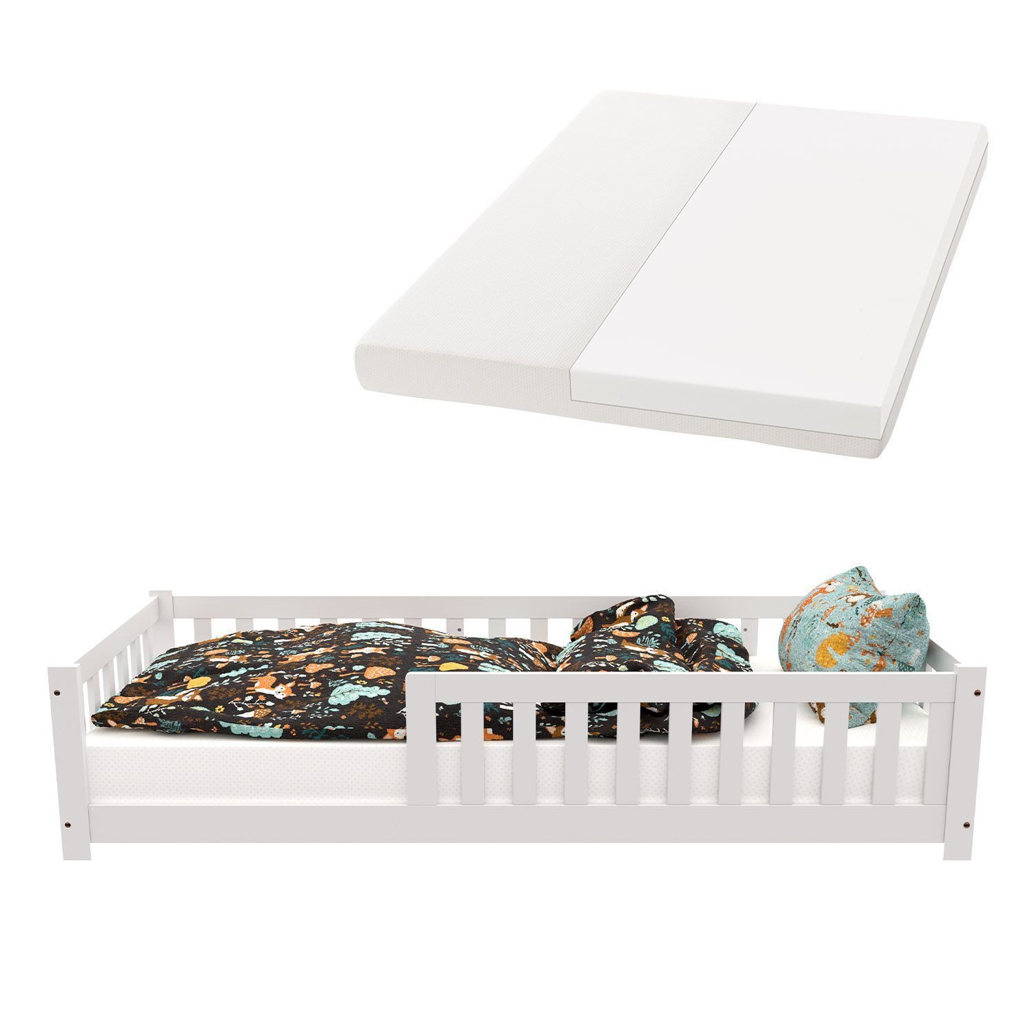 Juskys Kinderbett Naya, 90x200 cm Bodenbett, Holz, mit Matratze, Rausfallsc günstig online kaufen