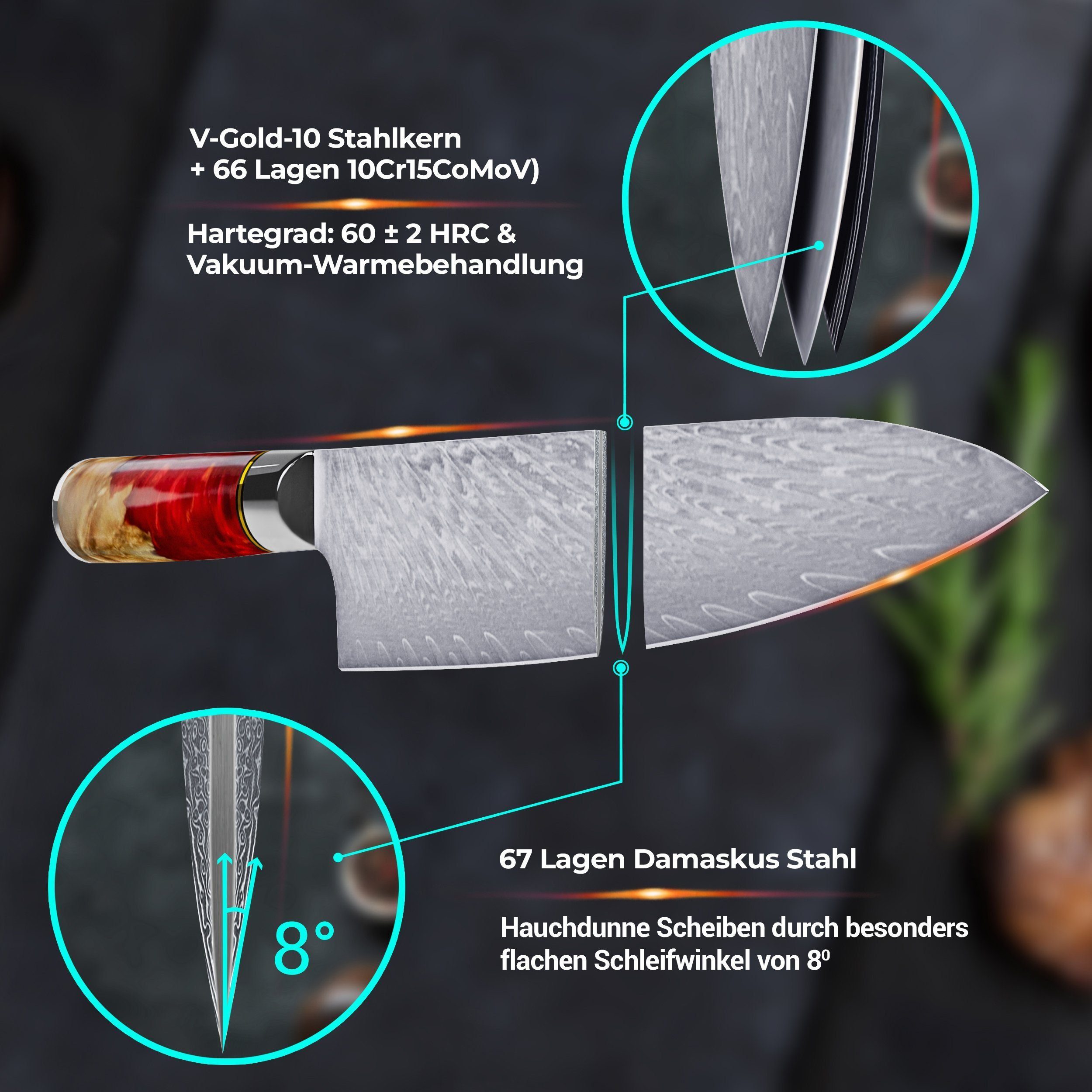 Calisso Messer-Set Küchenmesser Ruby Line Messerset (Starter Set, 2-tlg), Damaskus Stahl