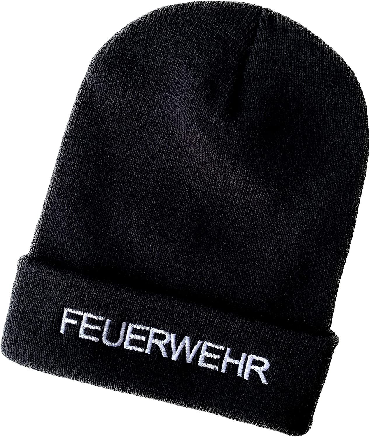 Schnoschi Strickmütze Strickmütze mit breiten Umschlag (Beanie Mütze) mit Feuerwehr bestickt mit Umschlag schwarz