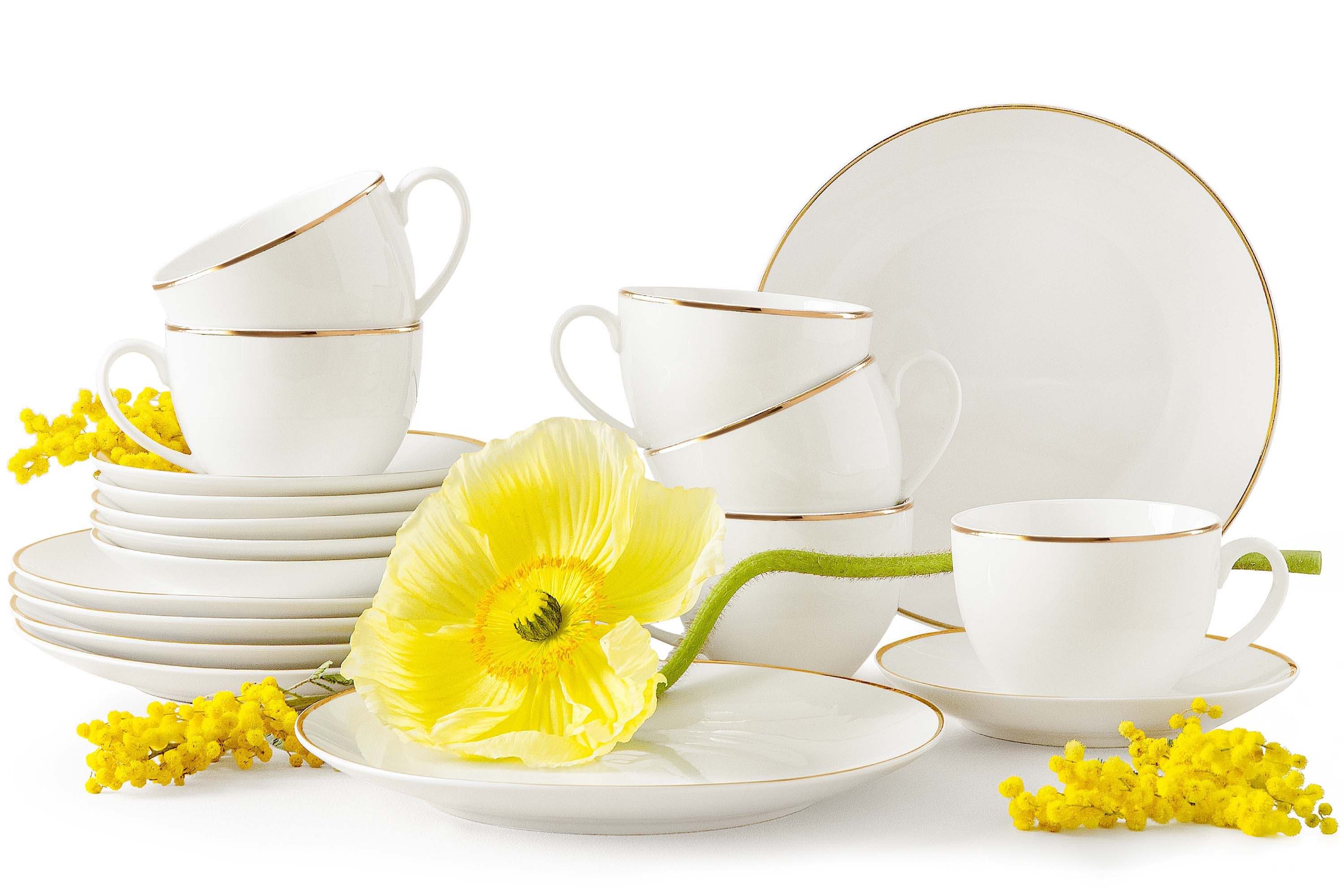 KONSIMO® Кофейный сервиз AD BELLA Kaffeetassen-Set, Geschirr-Set, Hartporzellan (18-tlg), 6 Personen, Porzellan, ecru Farbe mit Goldlinie, Handwäsche empfohlen, zeitloses Design