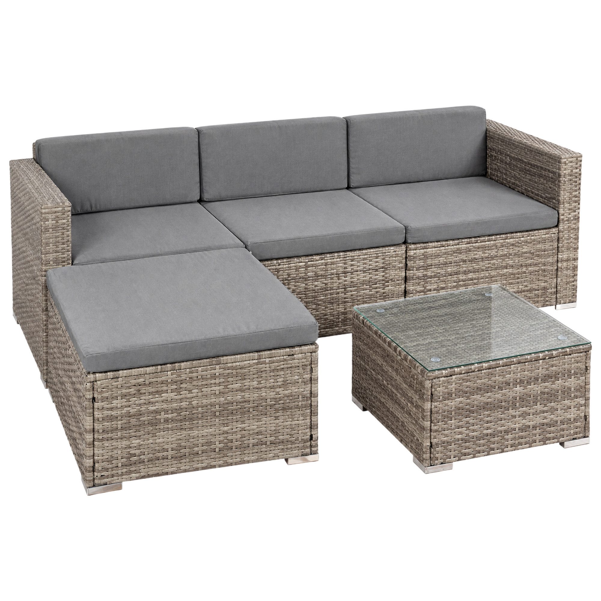 Feel2Home Gartenlounge-Set Polyrattan-Lounge 5-teilig mit Ecksofa, Ottomane und Tisch, 217x150 cm, (Set, 5-tlg., Möbelset), Schraub-Ausgleich-Standfüße