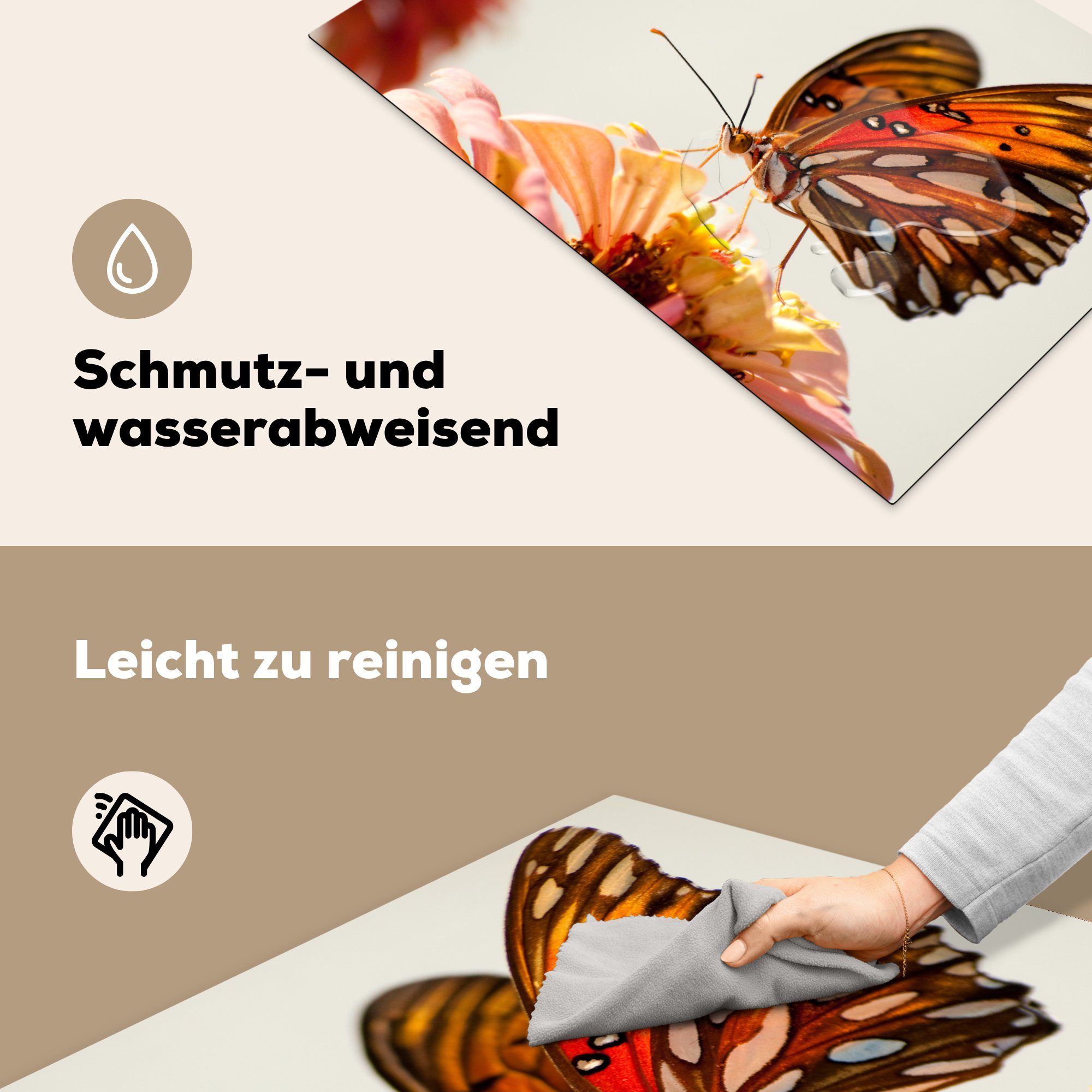 Vinyl, die Induktionskochfeld tlg), Schmetterling MuchoWow Orange - für Schutz Ceranfeldabdeckung cm, Blume küche, Herdblende-/Abdeckplatte - (1 Insekten, 81x52 -