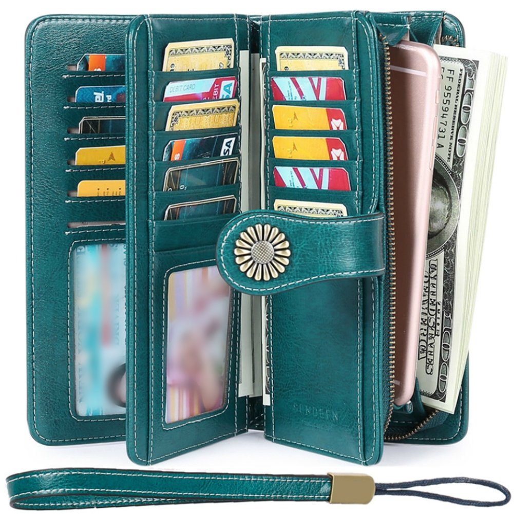 Mnöpf Vintage mit Reißverschluss,mehrere Fächer Leder Brieftasche Brieftasche lang Damen Grün