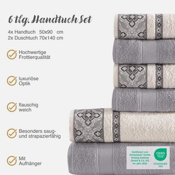 CLASS HOME COLLECTION Handtuch Set 6 TLG Frottee Set Handtuch Duschtuch 100% Baumwolle Jacquard Bordüre, 100% Baumwolle, (Set, 6-tlg), Dekorative Bördüre