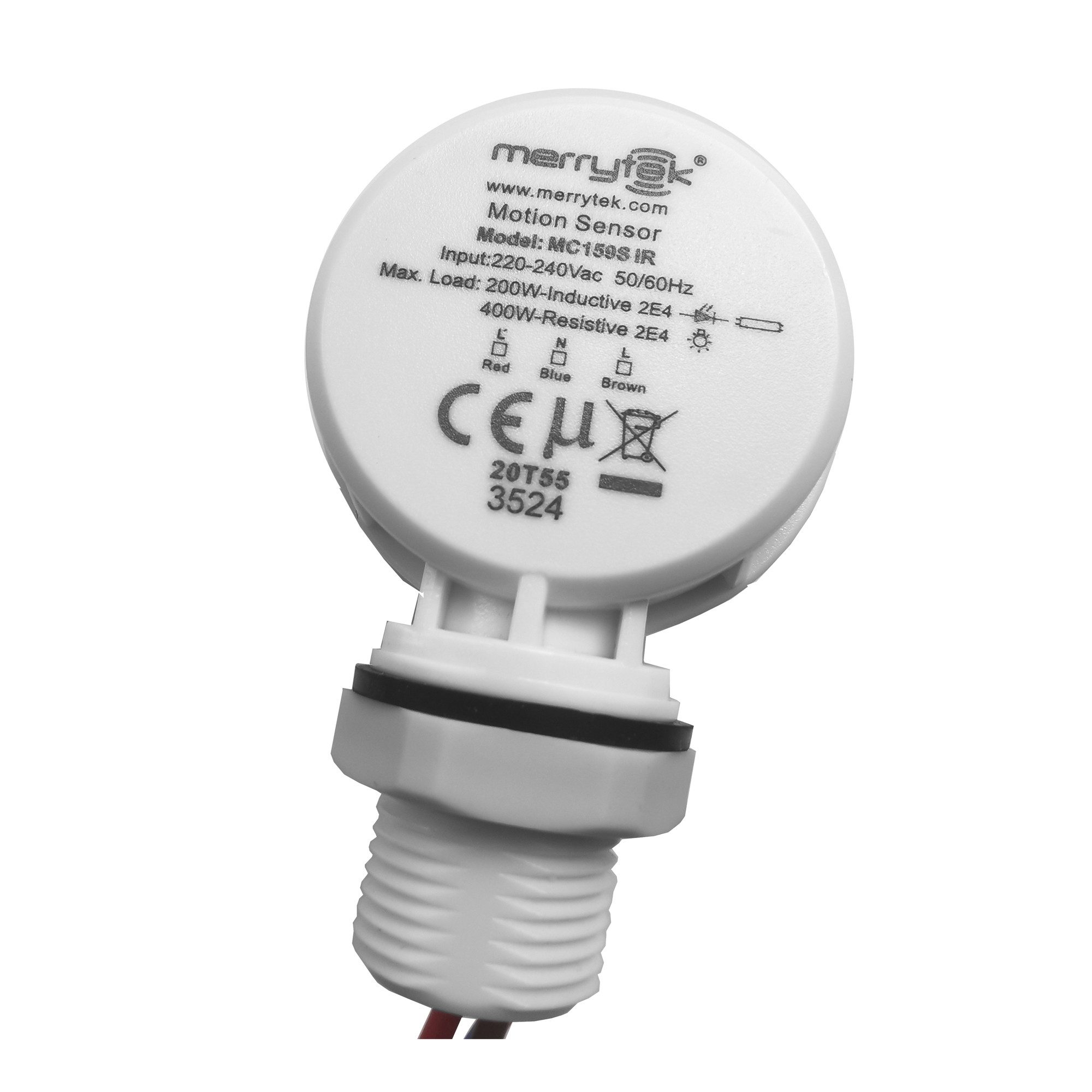 Merrytek Bewegungsmelder MC159SIR Infrarot PIR Bewegungssensor Ein/Aus Funktion 230V LED Lampe, PIR Infrarot-Bewegungsmelder Seitlich montierbar für LED-Leuchten